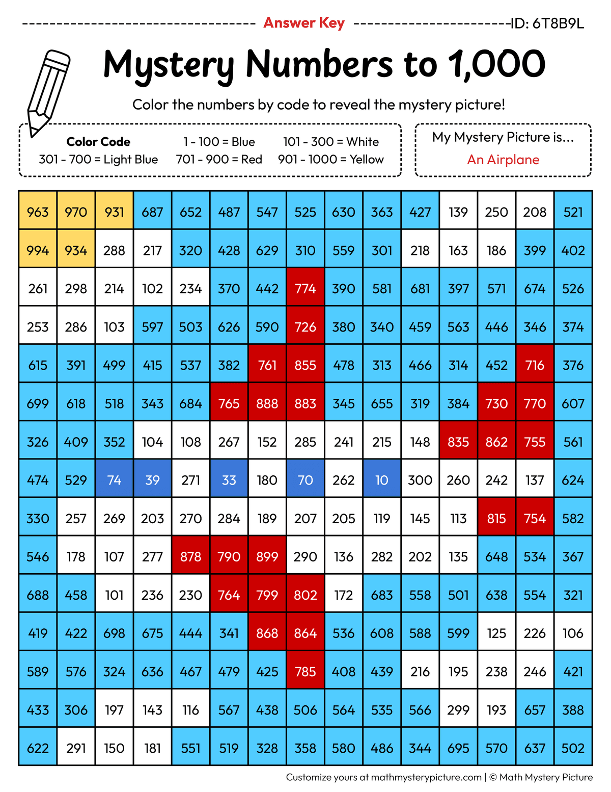 Airplane Numbers to 1,000 Math Mystery Picture Color by Number Answer Key