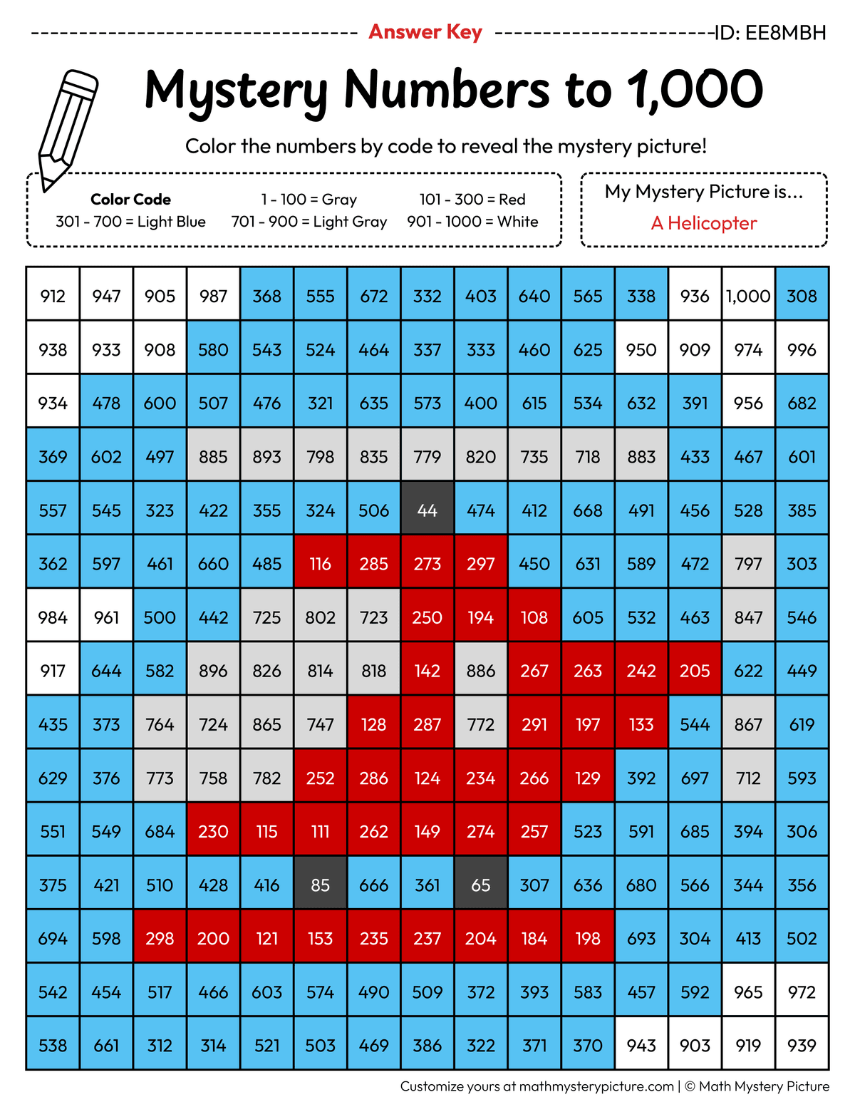 Helicopter Numbers to 1,000 Math Mystery Picture Color by Number Answer Key