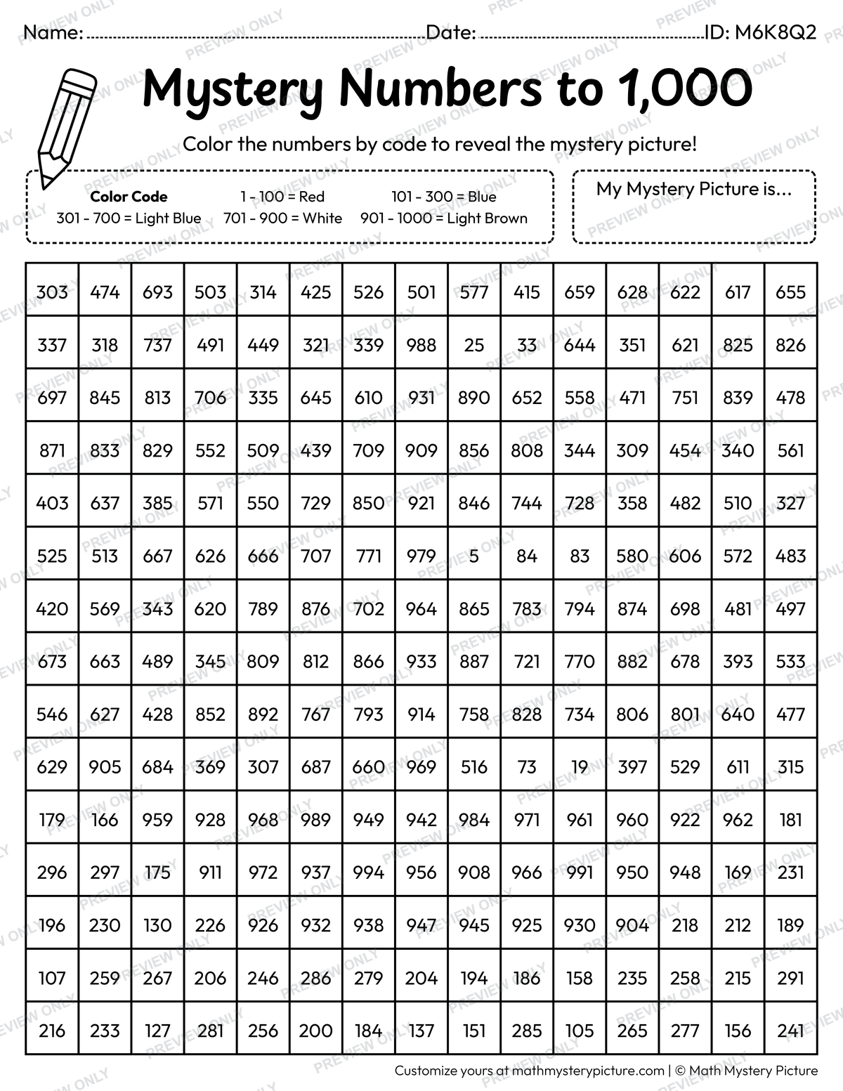 Sailboat Numbers to 1,000 Math Mystery Picture Coloring Worksheet