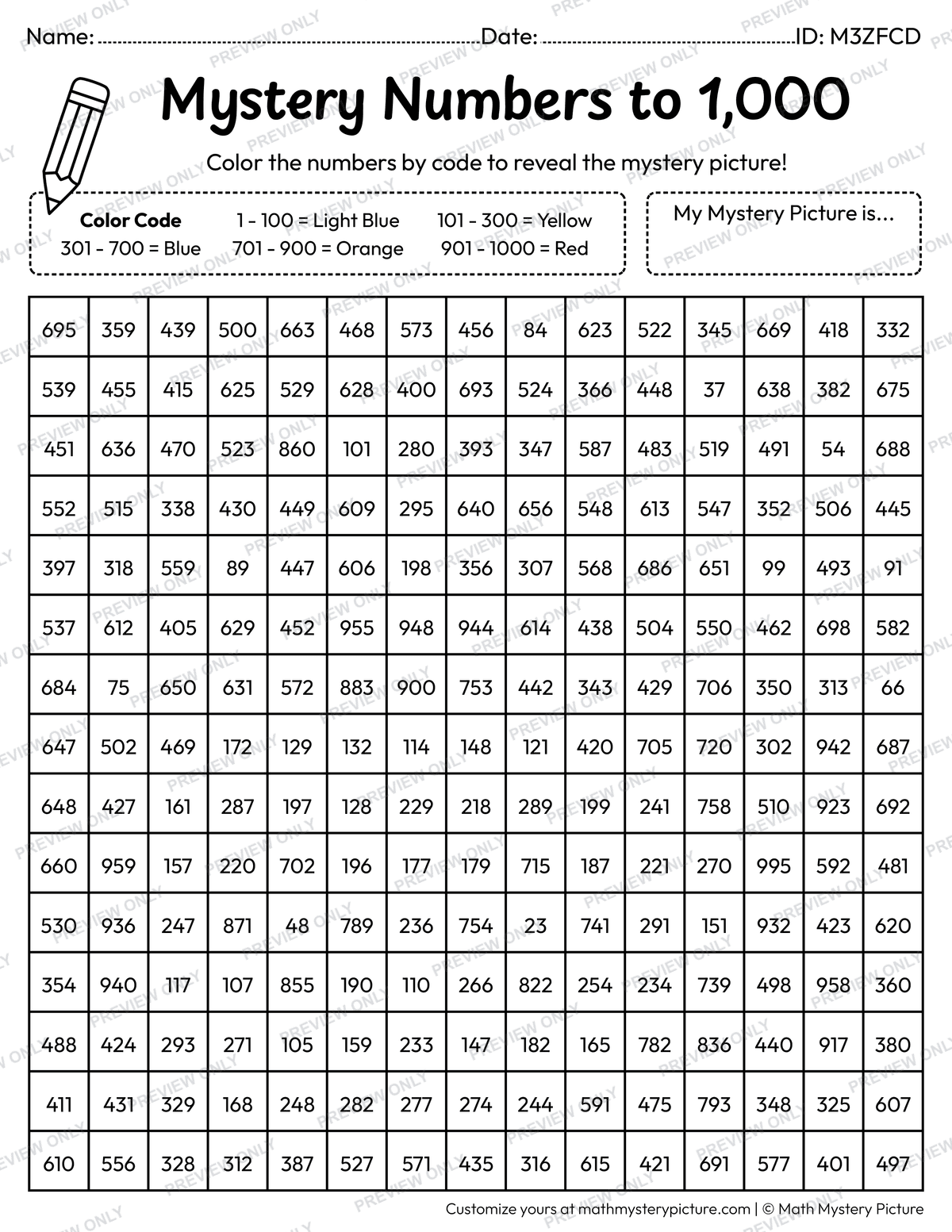 Submarine Numbers to 1,000 Math Mystery Picture Coloring Worksheet