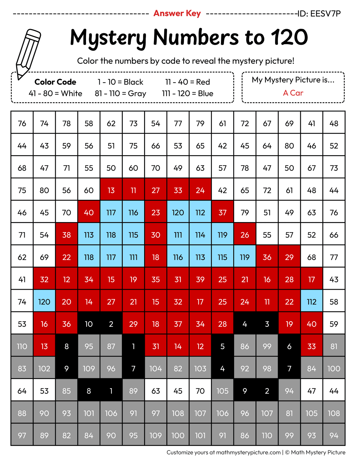Car Numbers to 120 Math Mystery Picture Color by Number Answer Key
