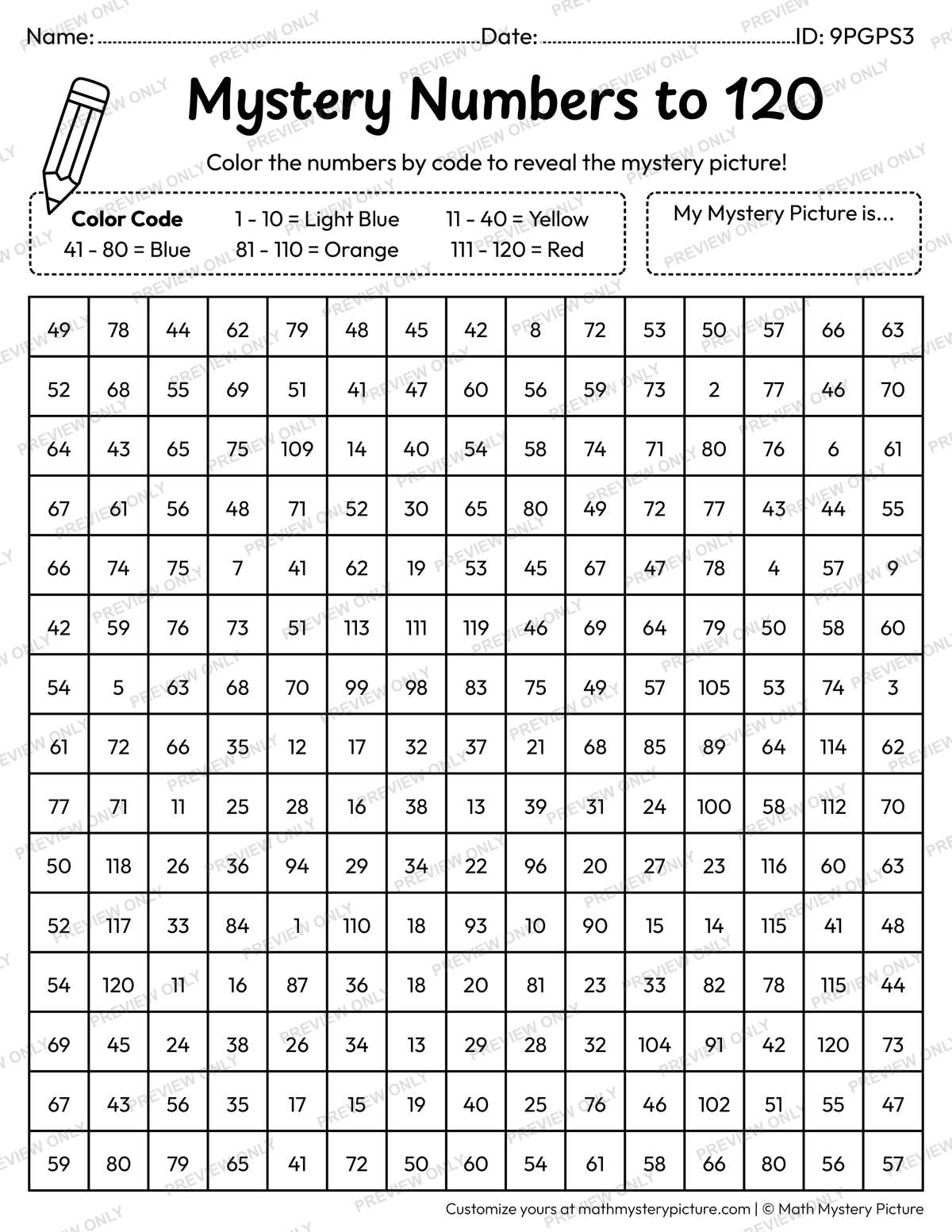 Submarine Numbers to 120 Math Mystery Picture Coloring Worksheet