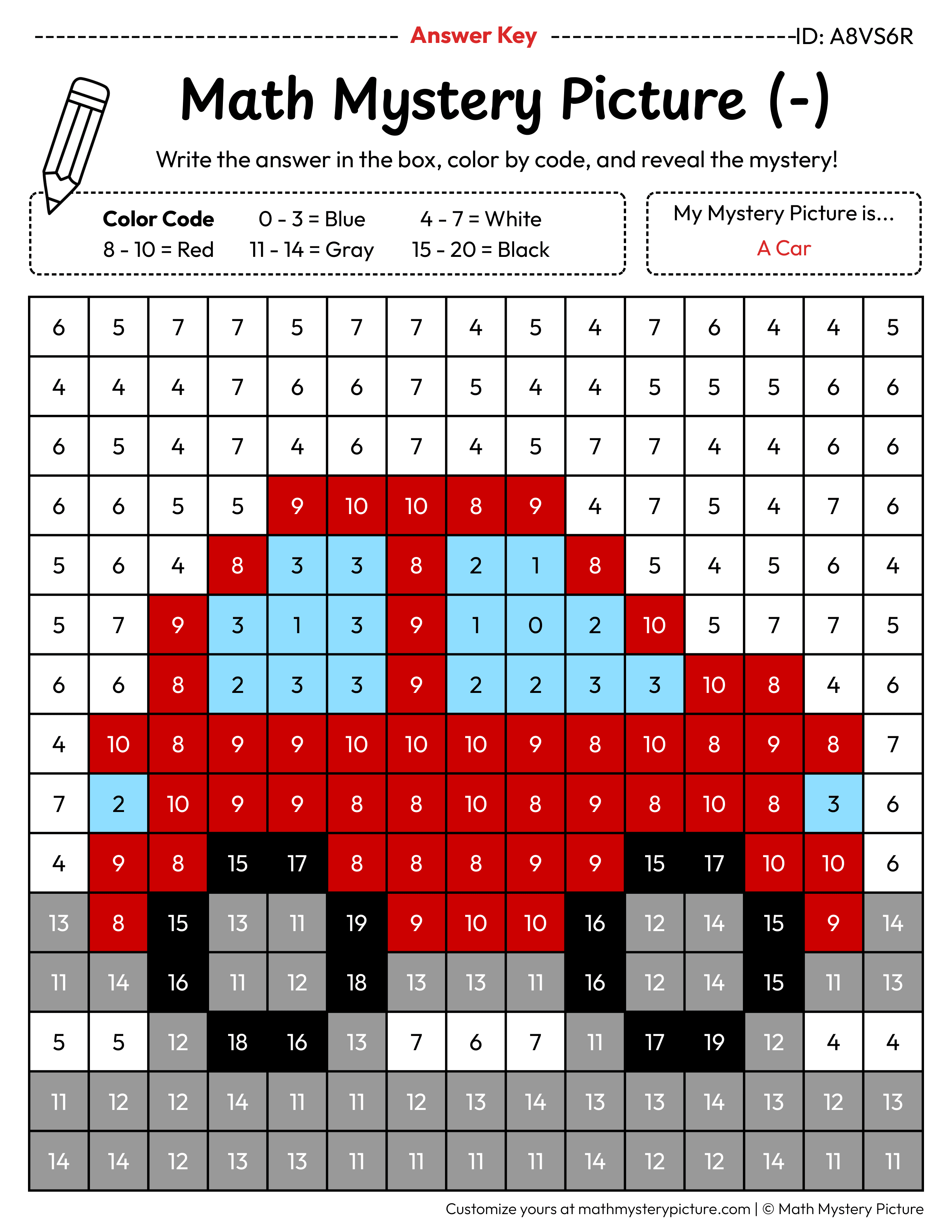 Car Subtraction Within 20 Math Mystery Picture Color by Number Answer Key