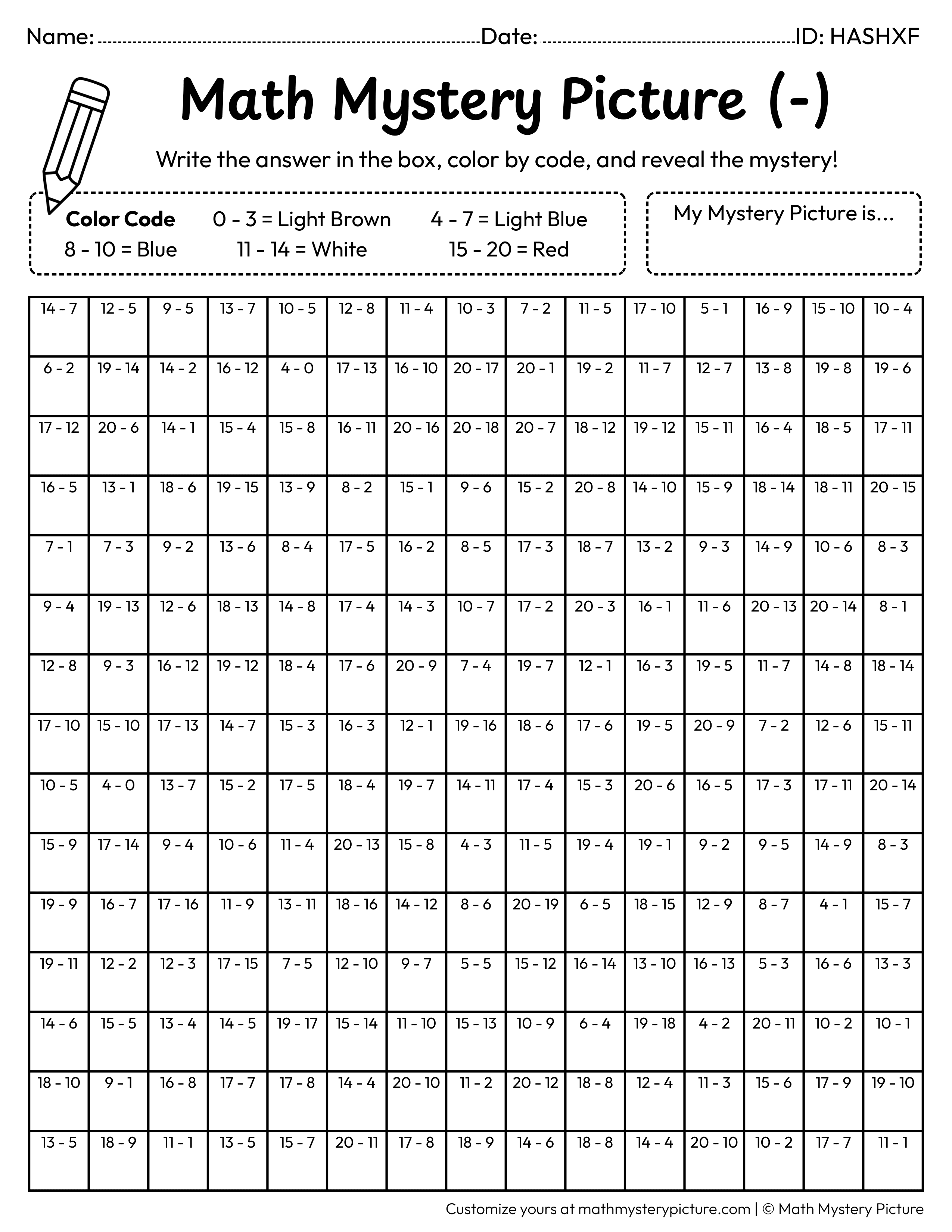 Sailboat Subtraction Within 20 Math Mystery Picture Coloring Worksheet