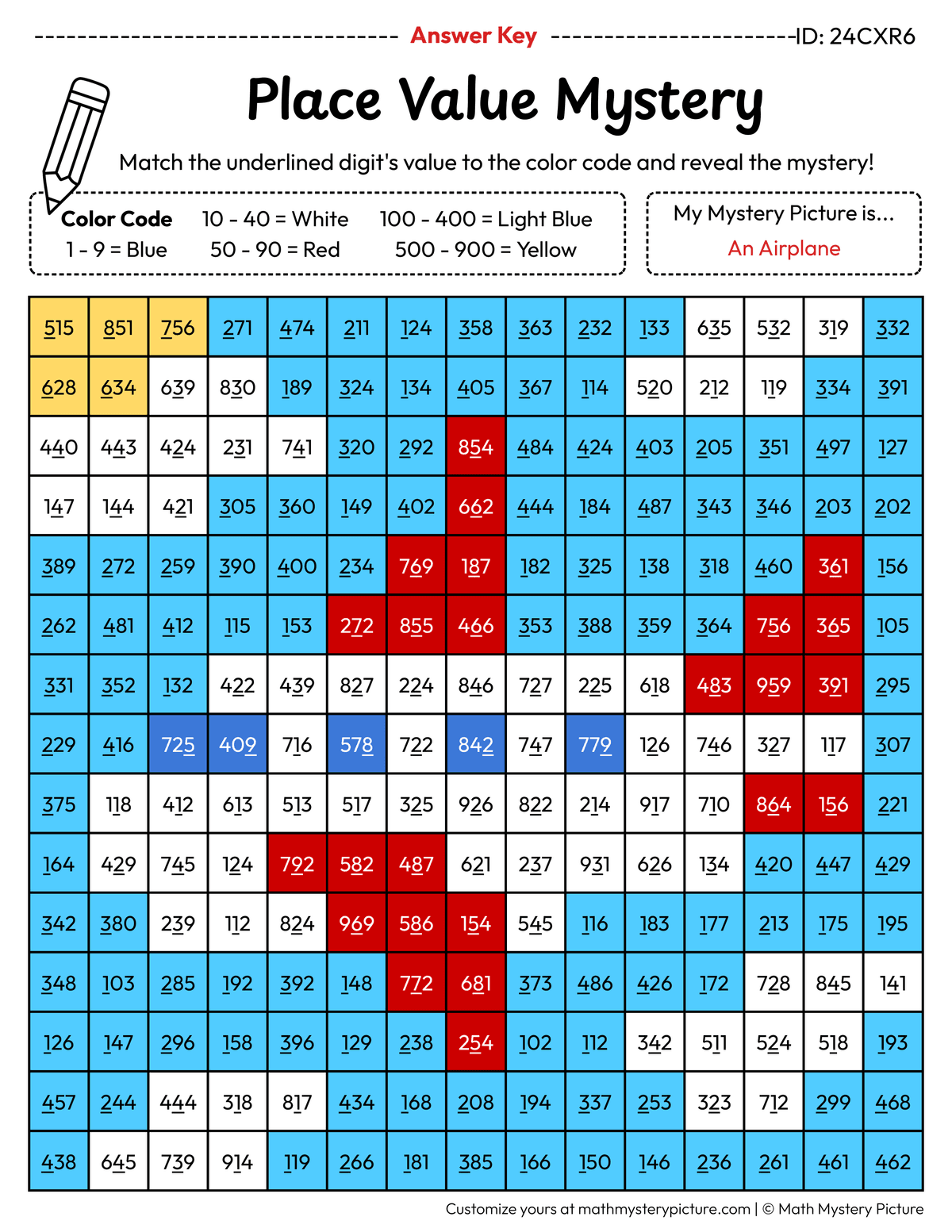 Airplane Value of Underlined Digit Math Mystery Picture Color by Number Answer Key