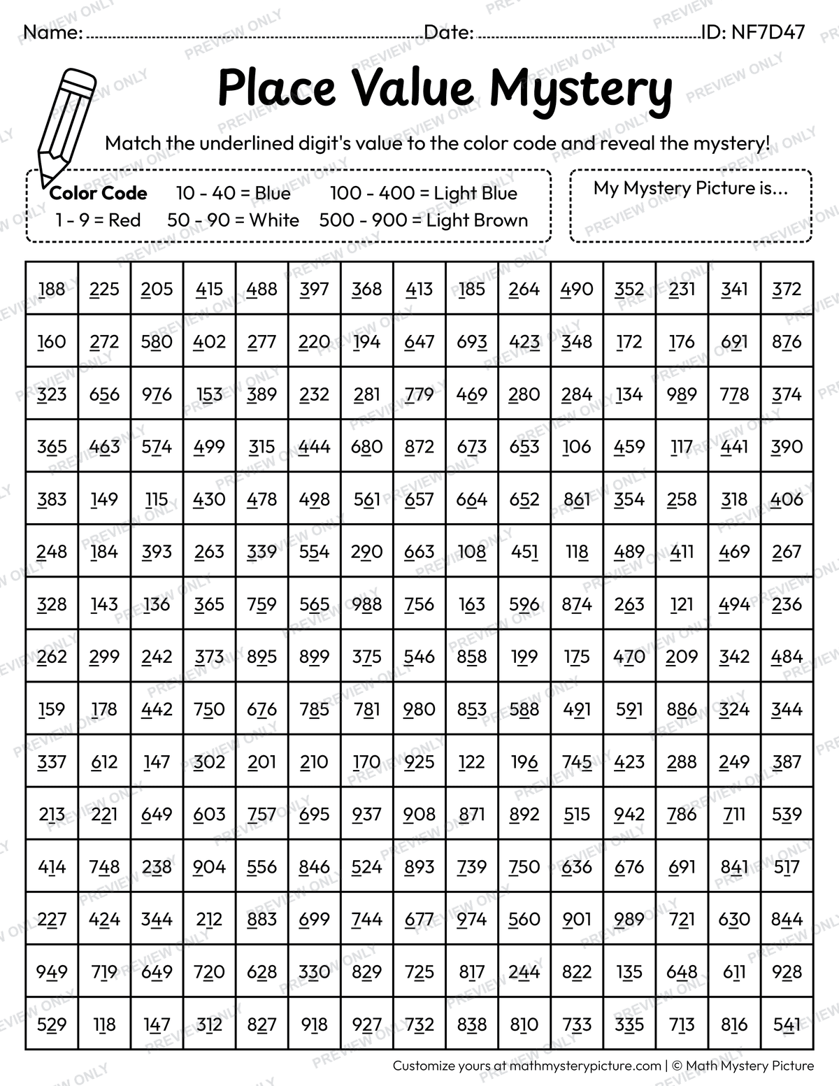 Sailboat Value of Underlined Digit Math Mystery Picture Coloring Worksheet