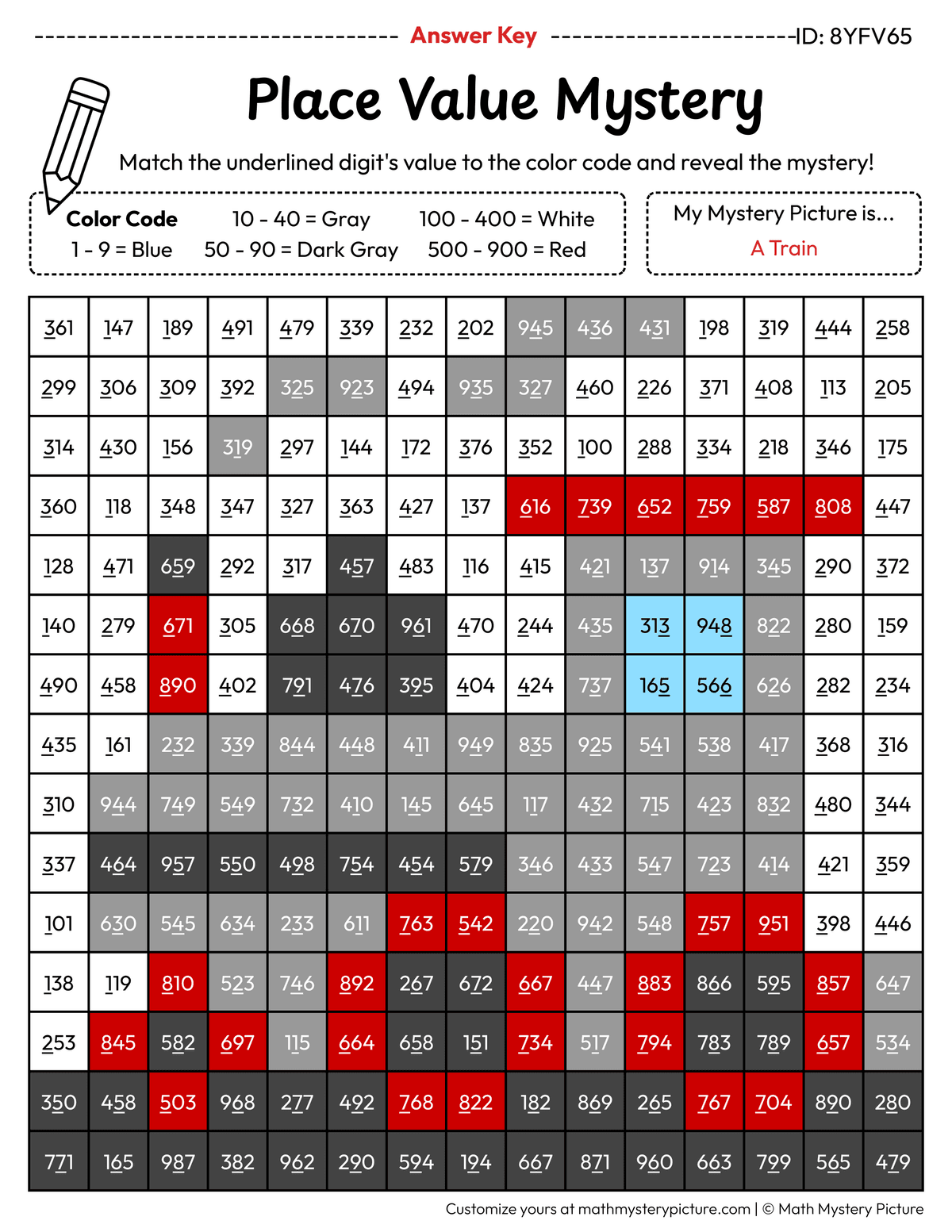 Train Value of Underlined Digit Math Mystery Picture Color by Number Answer Key