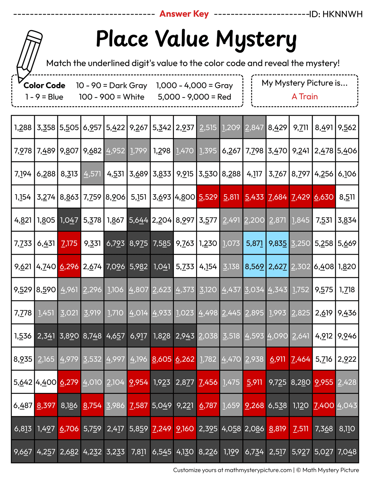 Train Value of Underlined Digit Math Mystery Picture Color by Number Answer Key