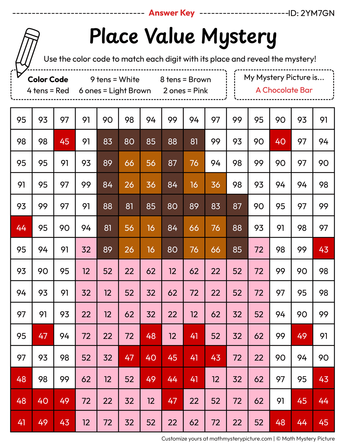 Valentine's Day Chocolate Bar 2-digit Place Value Math Mystery Picture Color by Number Answer Key