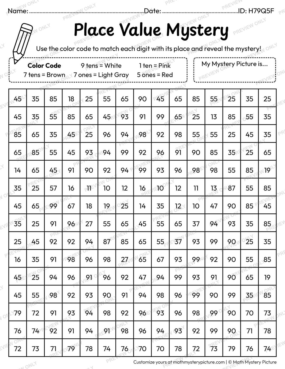 Valentine's Day Love Letter 2-digit Place Value Math Mystery Picture Coloring Worksheet