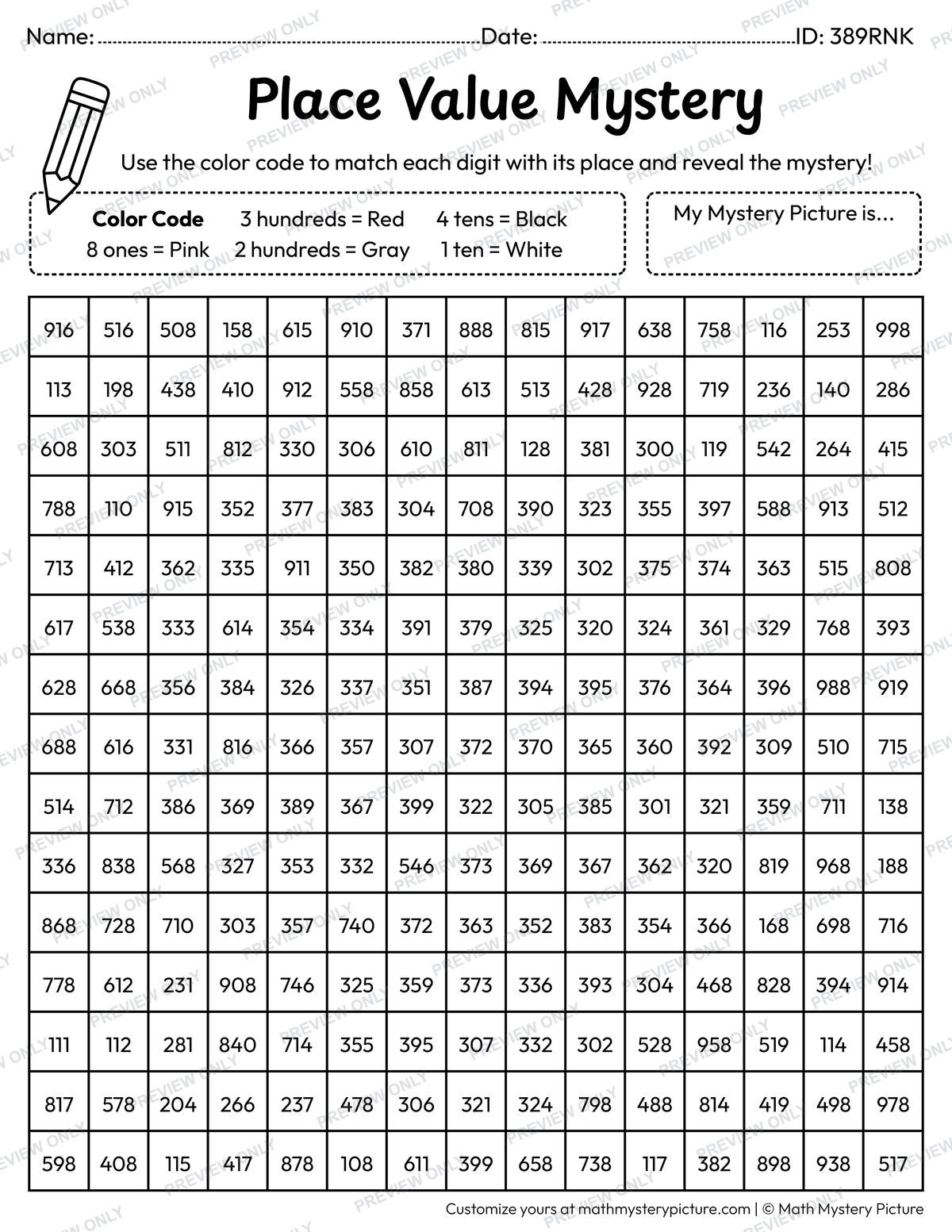 Valentine's Day Heart with an Arrow 3-digit Place Value Math Mystery Picture Coloring Worksheet