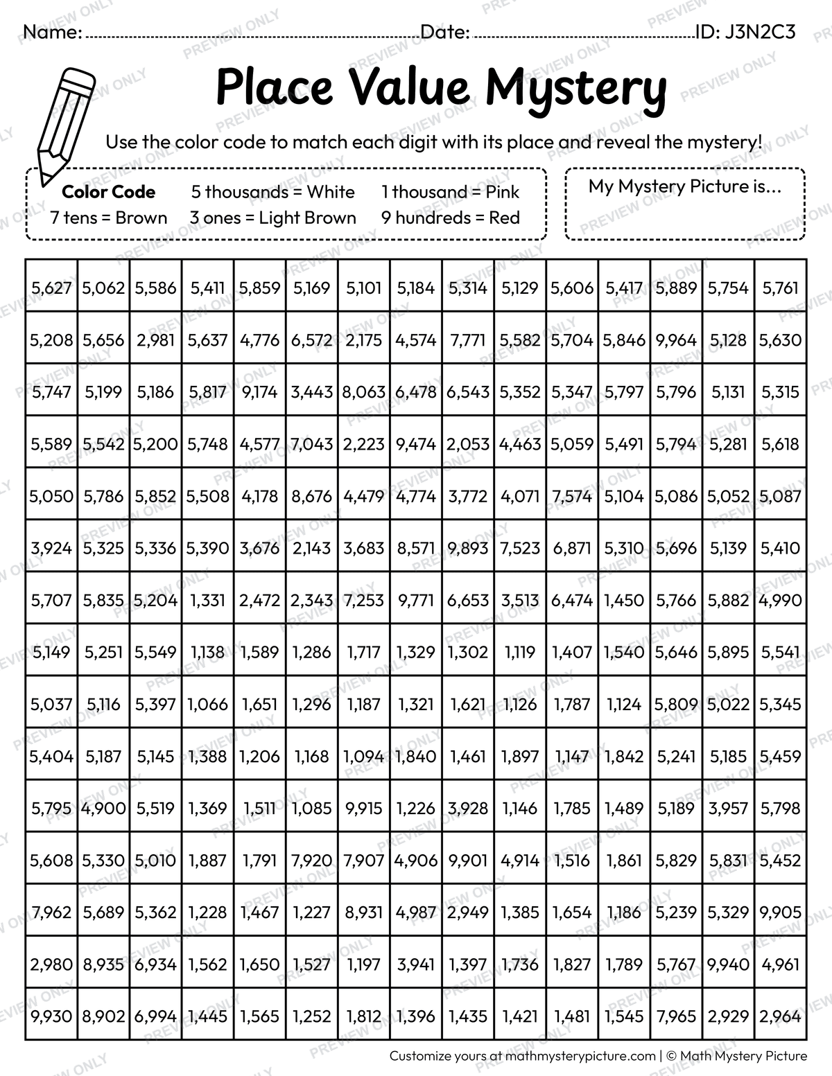 Valentine's Day Chocolate Bar 4-digit Place Value Math Mystery Picture Coloring Worksheet