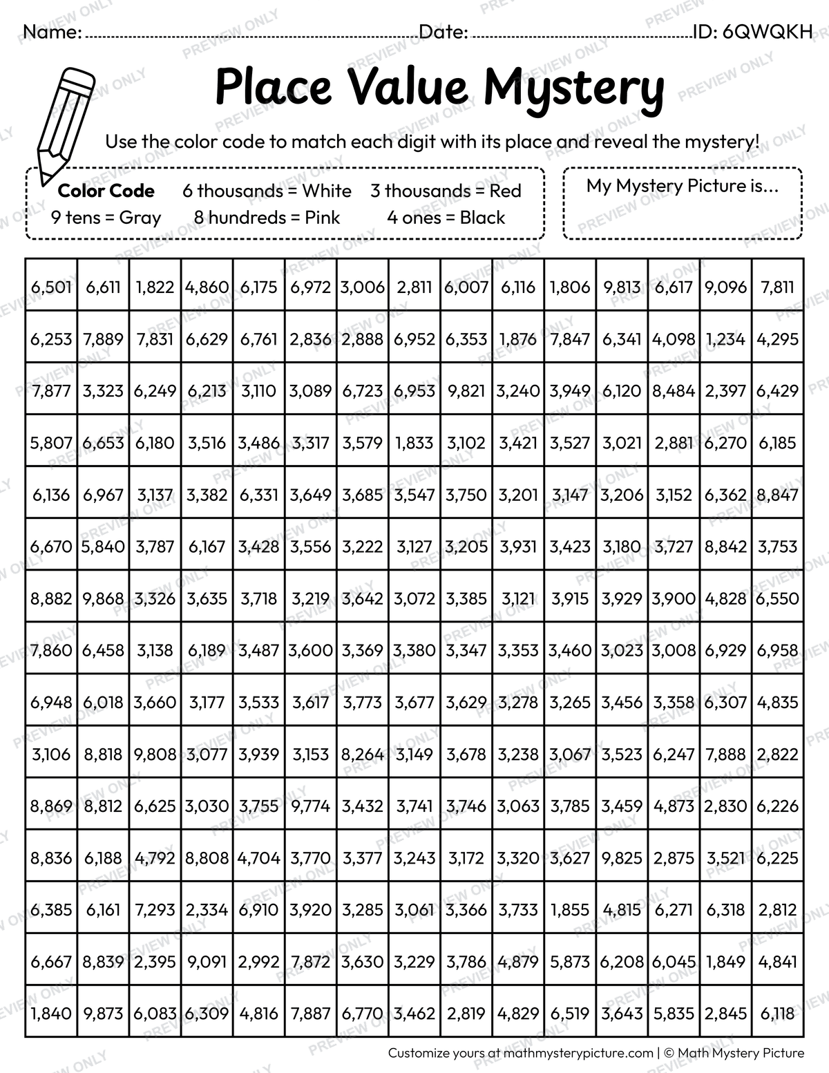 Valentine's Day Heart with an Arrow 4-digit Place Value Math Mystery Picture Coloring Worksheet