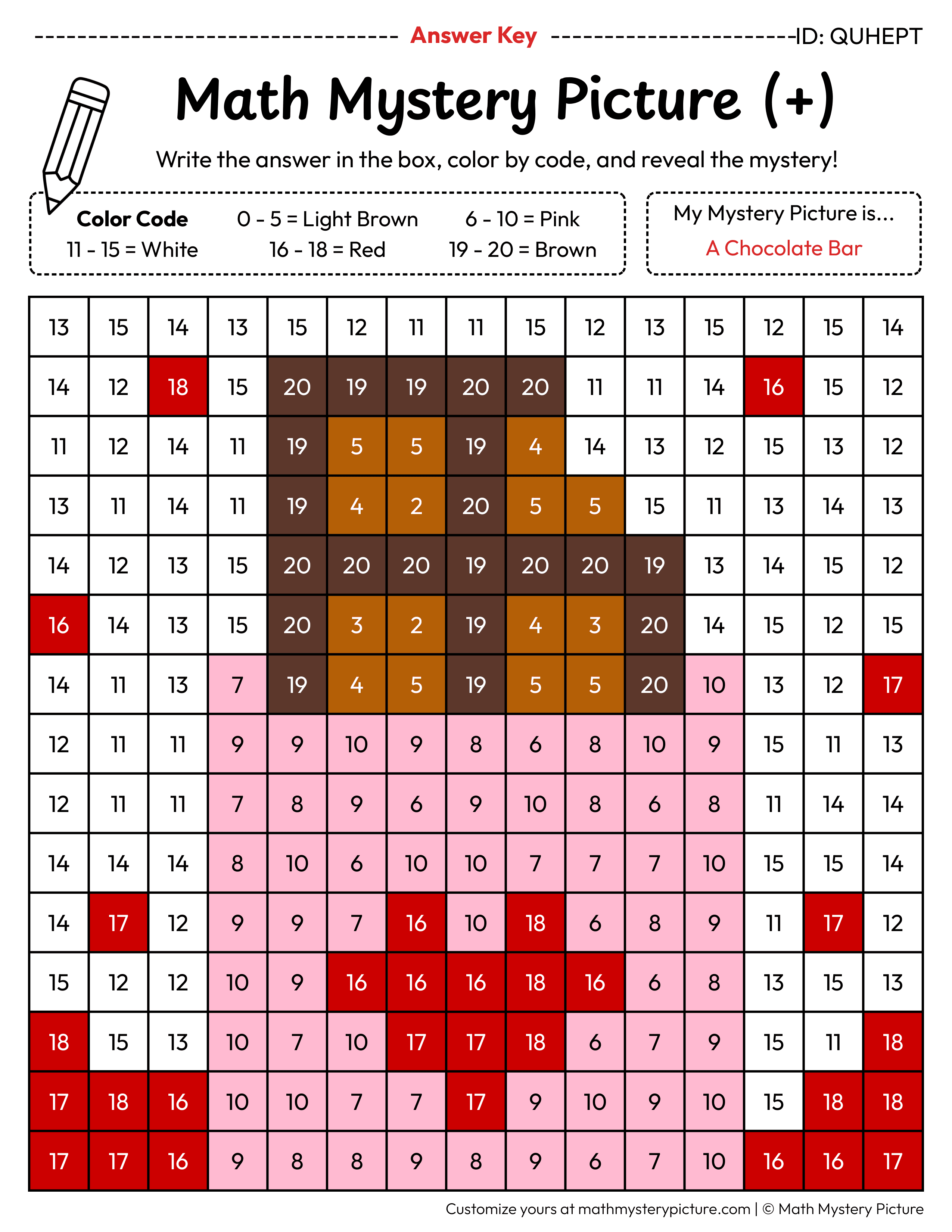 Valentine's Day Chocolate Bar Addition Within 20 Math Mystery Picture Color by Number Answer Key