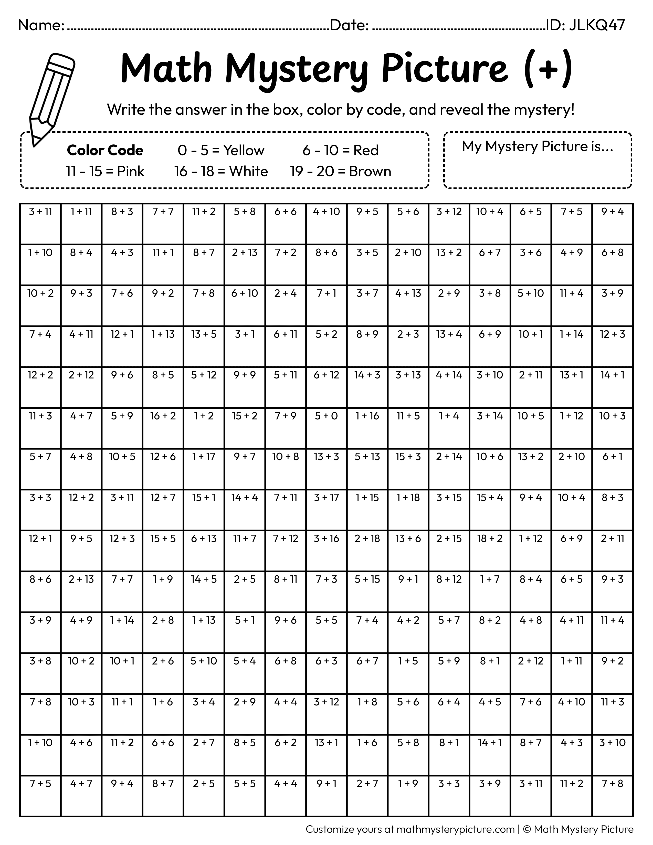 Valentine's Day Cupcake Addition Within 20 Math Mystery Picture Coloring Worksheet
