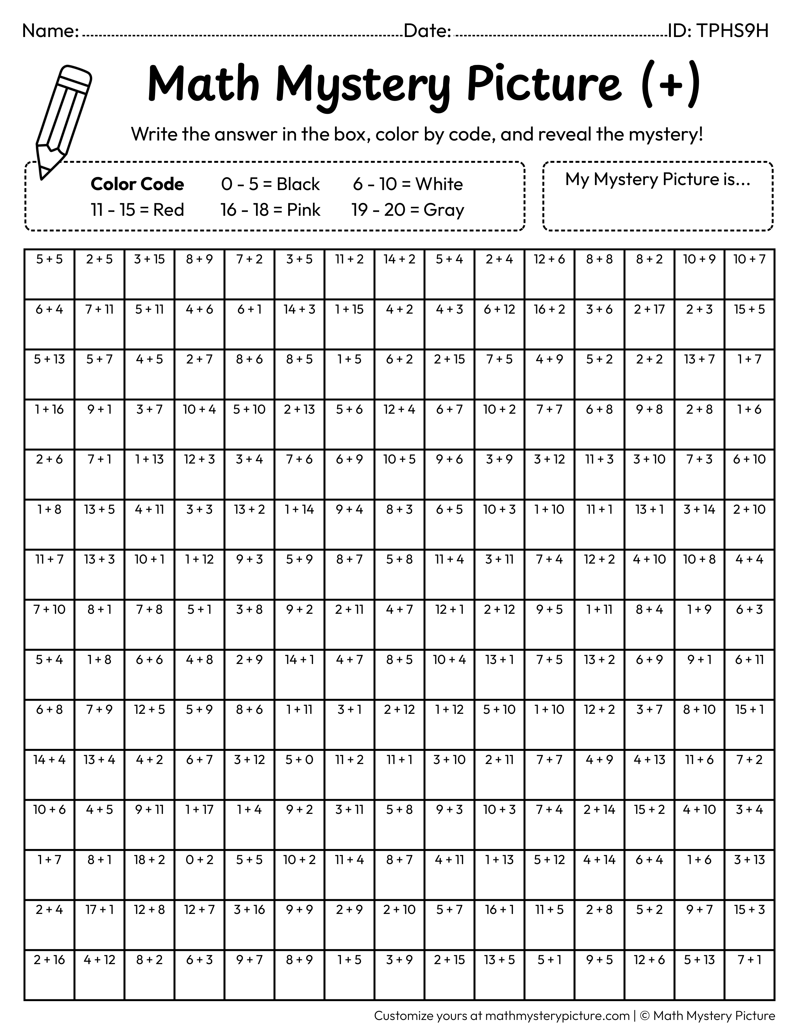 Valentine's Day Heart with an Arrow Addition Within 20 Math Mystery Picture Coloring Worksheet