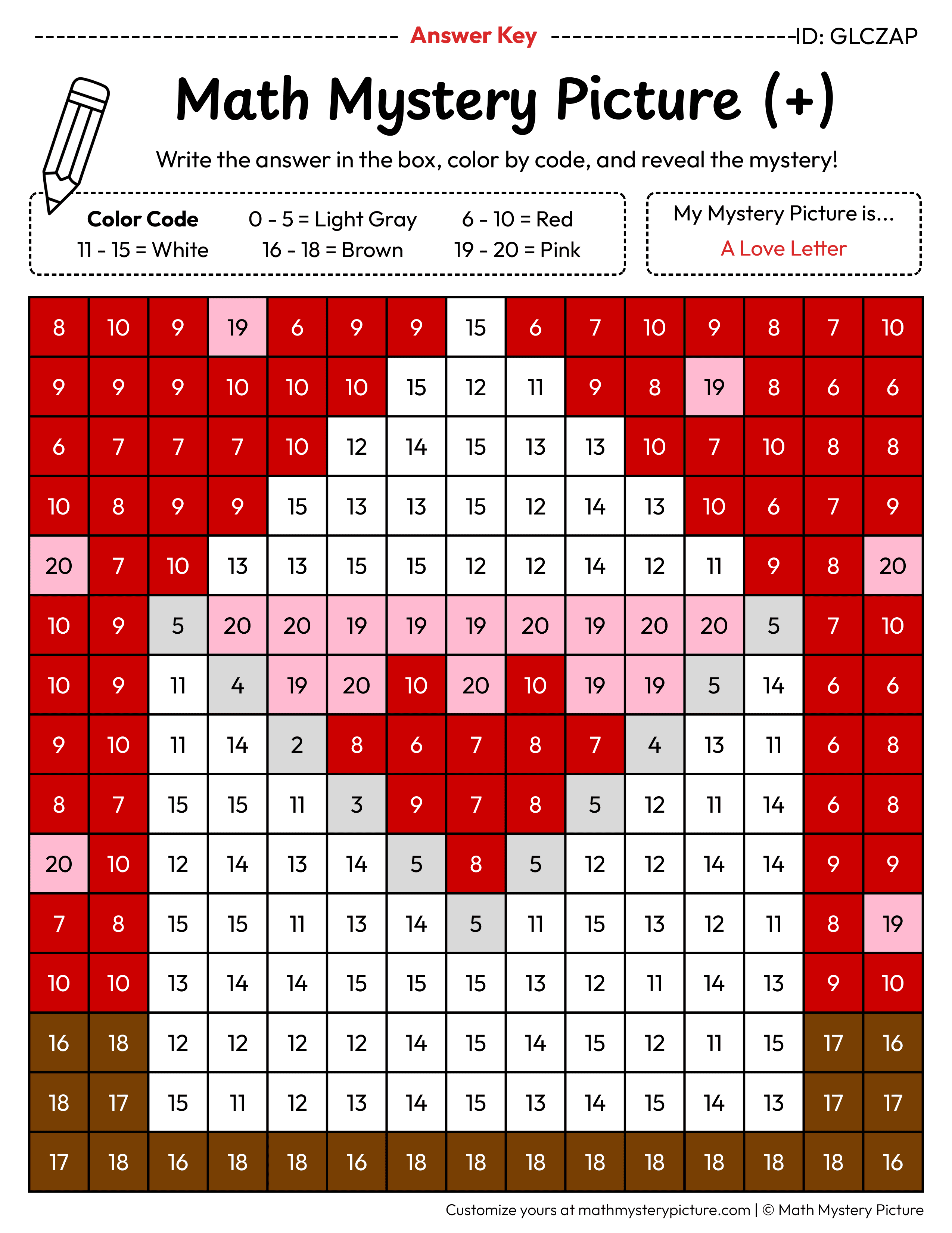 Valentine's Day Love Letter Addition Within 20 Math Mystery Picture Color by Number Answer Key