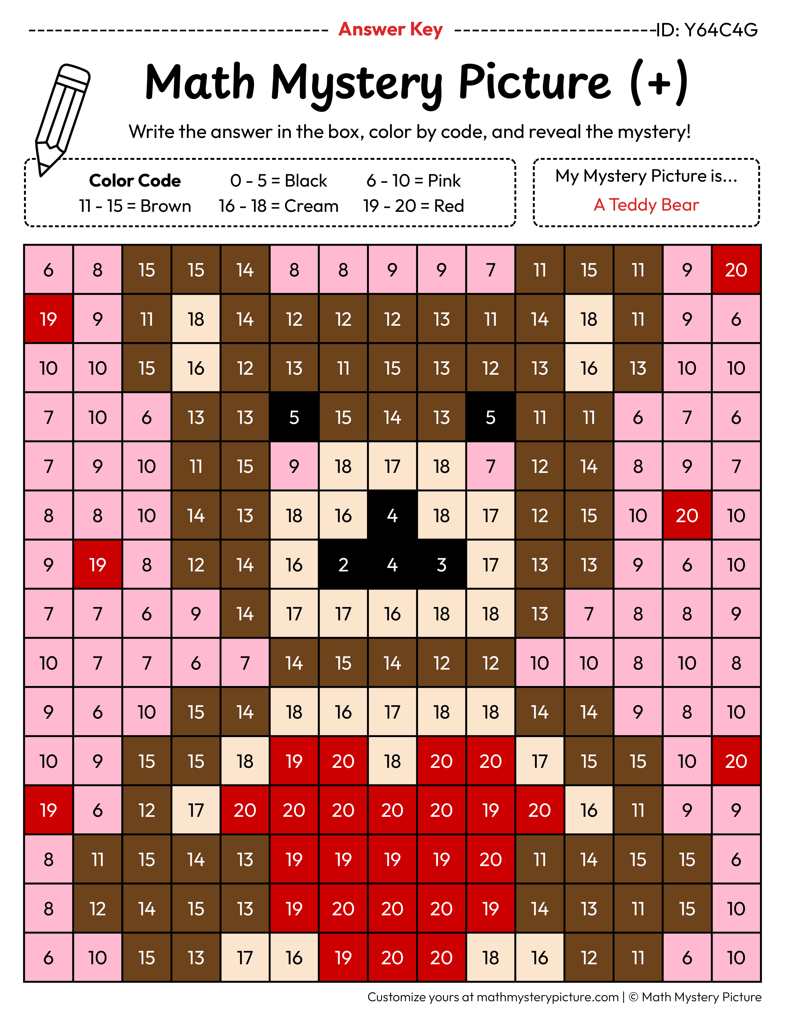 Valentine's Day Teddy Bear Addition Within 20 Math Mystery Picture Color by Number Answer Key