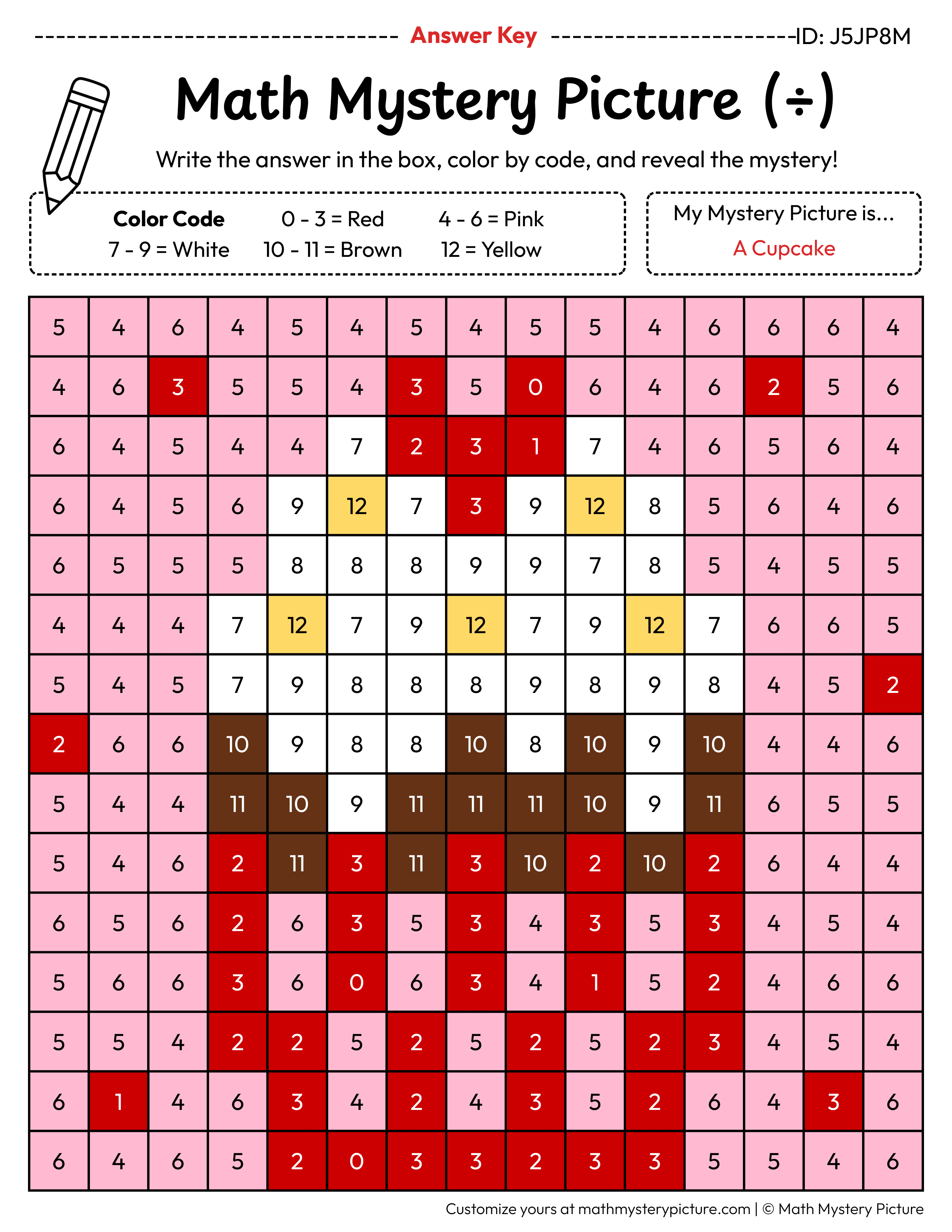 Valentine's Day Cupcake Division Facts Math Mystery Picture Color by Number Answer Key