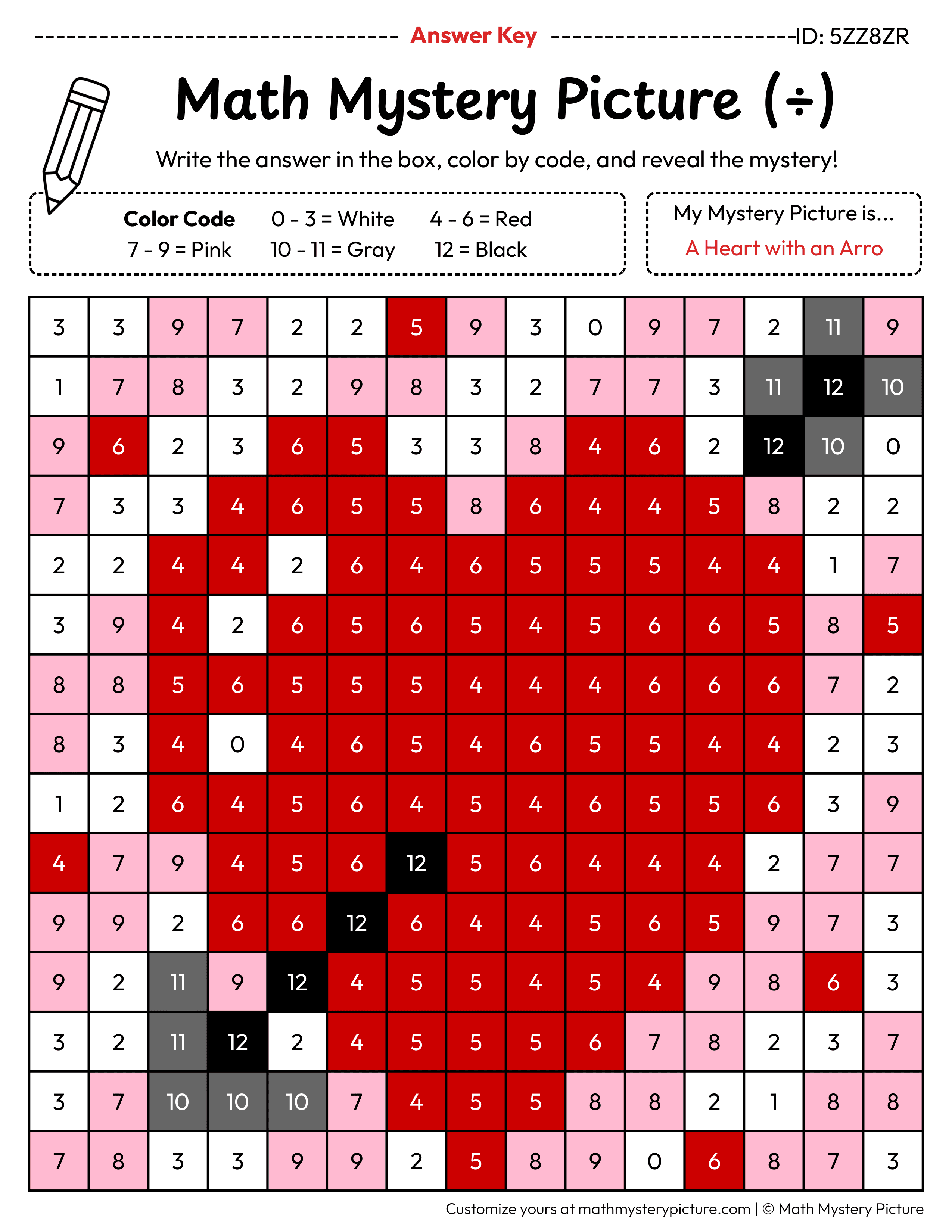 Valentine's Day Heart with an Arrow Division Facts Math Mystery Picture Color by Number Answer Key