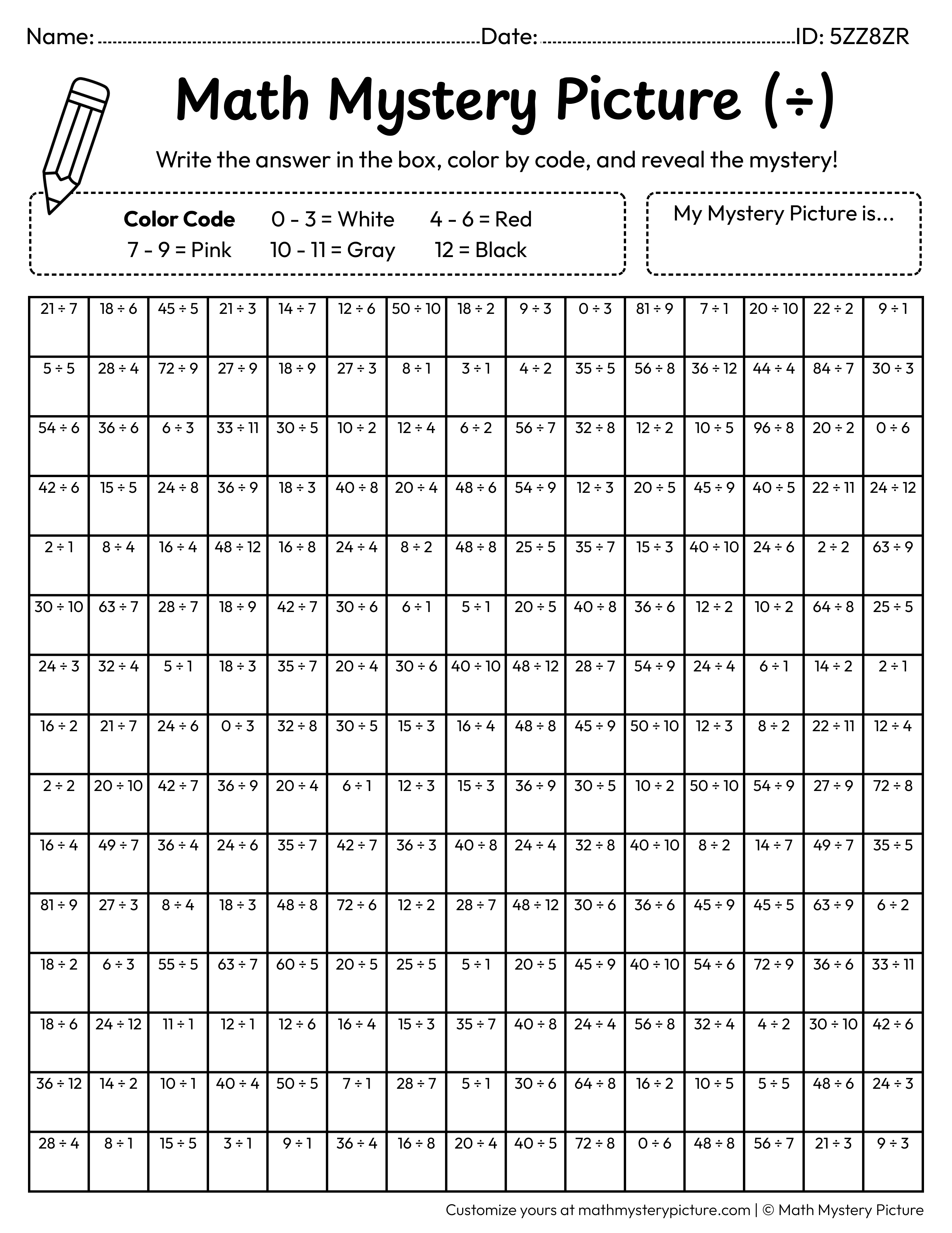 Valentine's Day Heart with an Arrow Division Facts Math Mystery Picture Coloring Worksheet