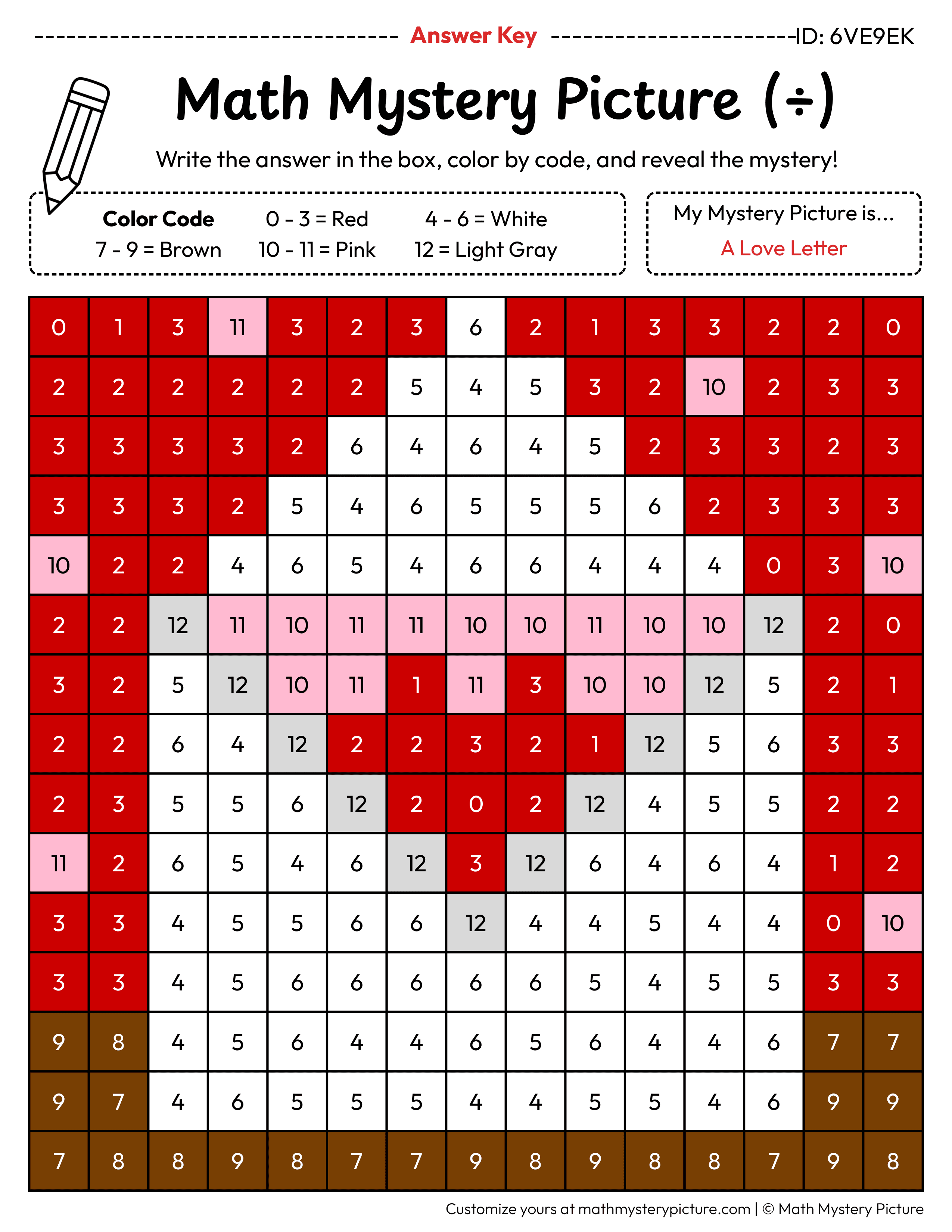 Valentine's Day Love Letter Division Facts Math Mystery Picture Color by Number Answer Key
