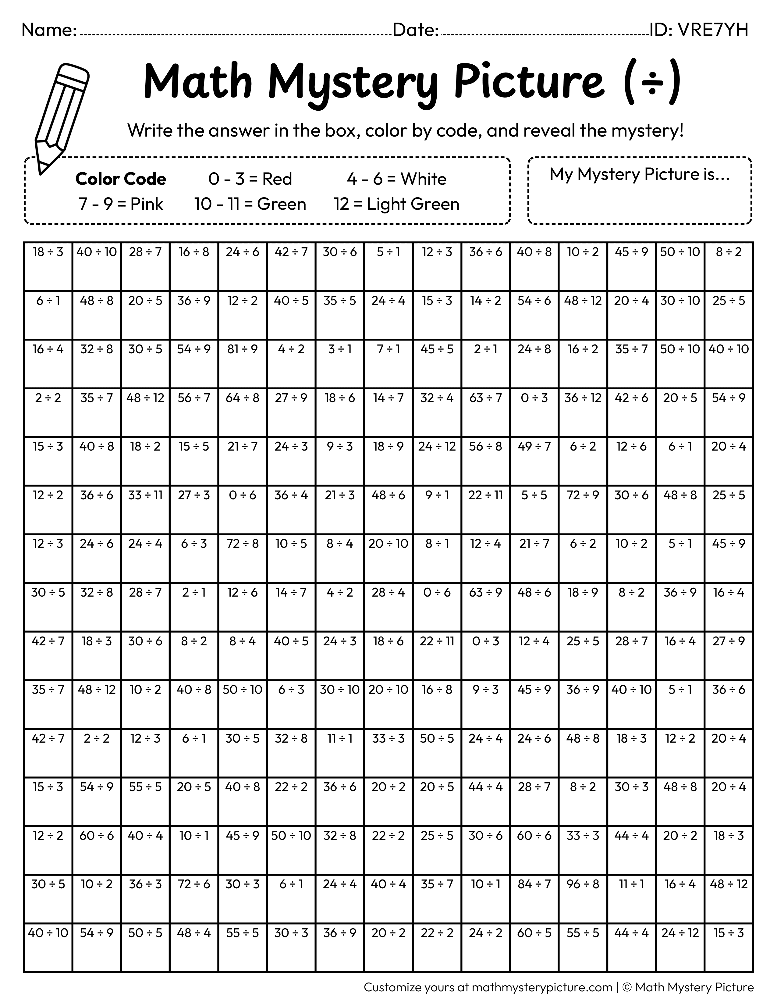 Valentine's Day Rose Division Facts Math Mystery Picture Coloring Worksheet