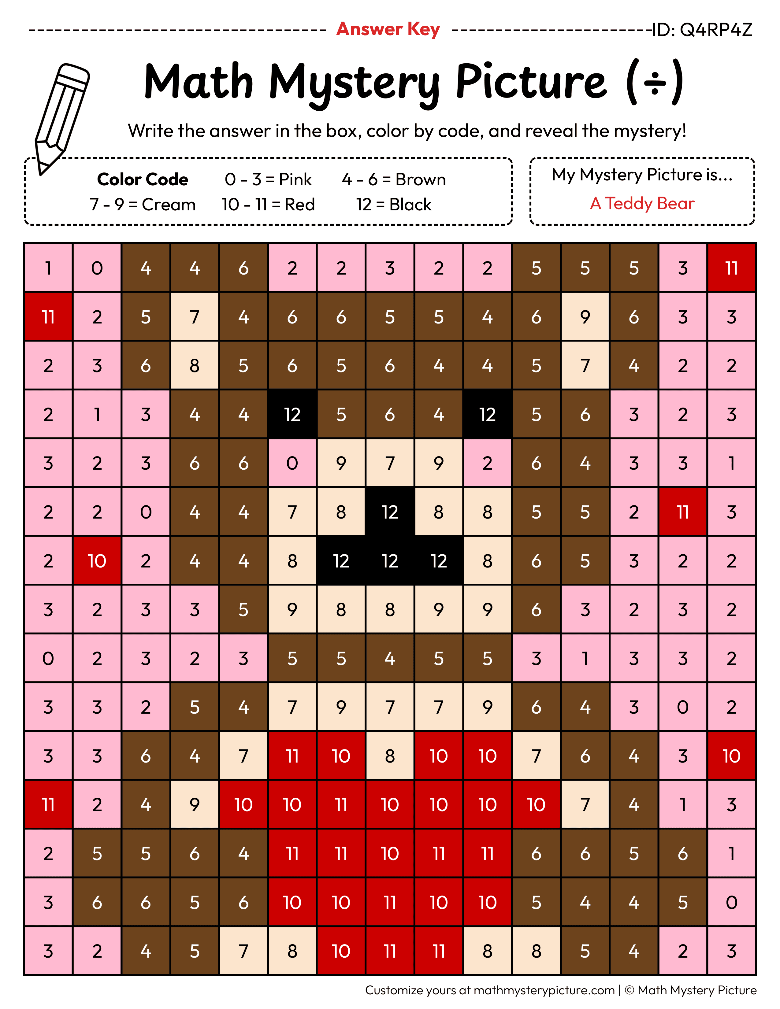 Valentine's Day Teddy Bear Division Facts Math Mystery Picture Color by Number Answer Key