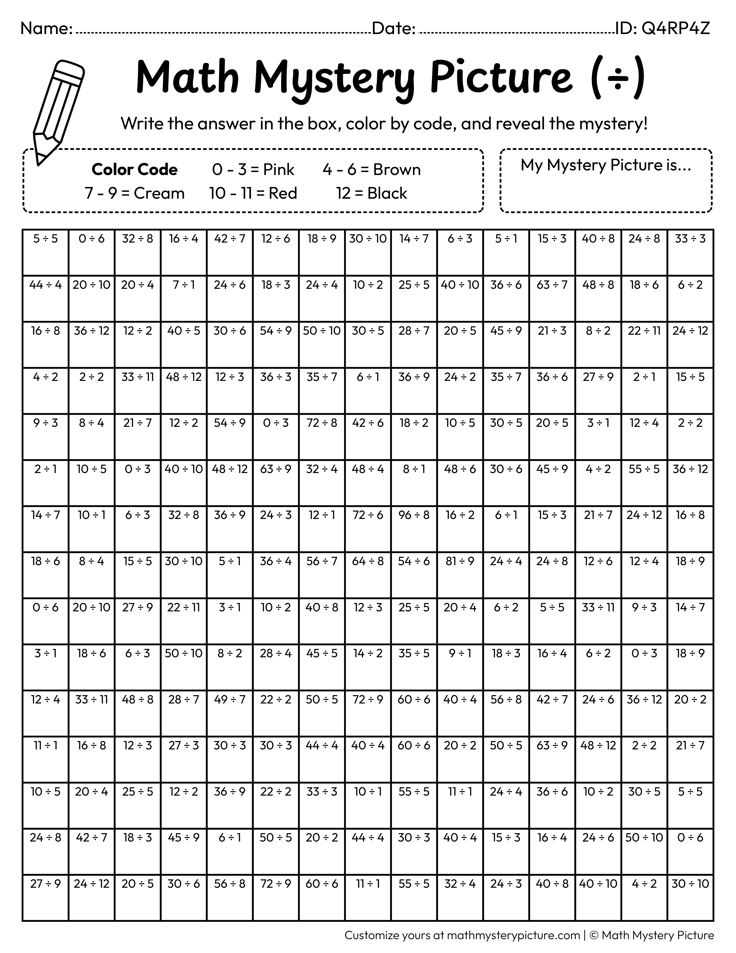 Valentine's Day Teddy Bear Division Facts Math Mystery Picture Coloring Worksheet