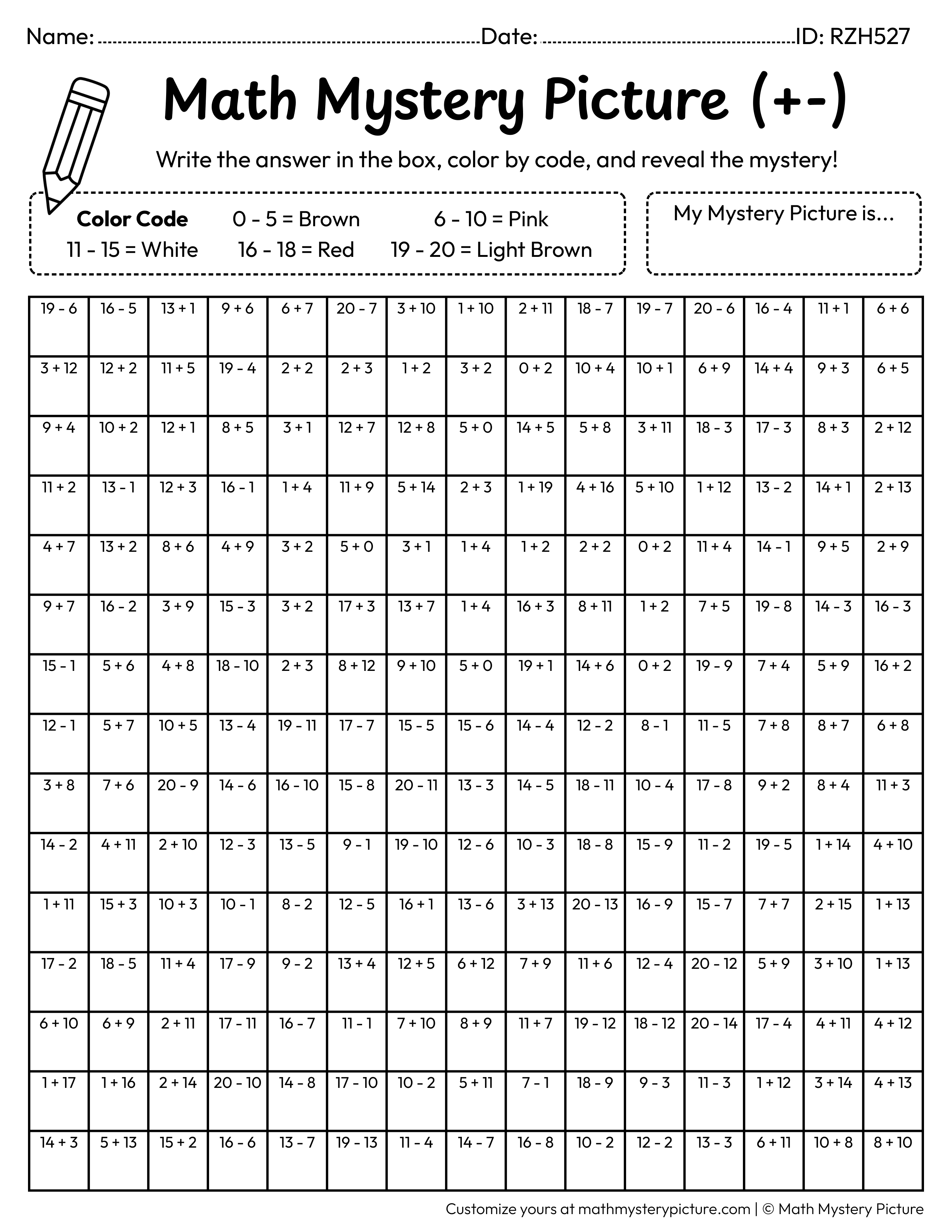 Valentine's Day Chocolate Bar Mixed Addition and Subtraction Within 20 Math Mystery Picture Coloring Worksheet