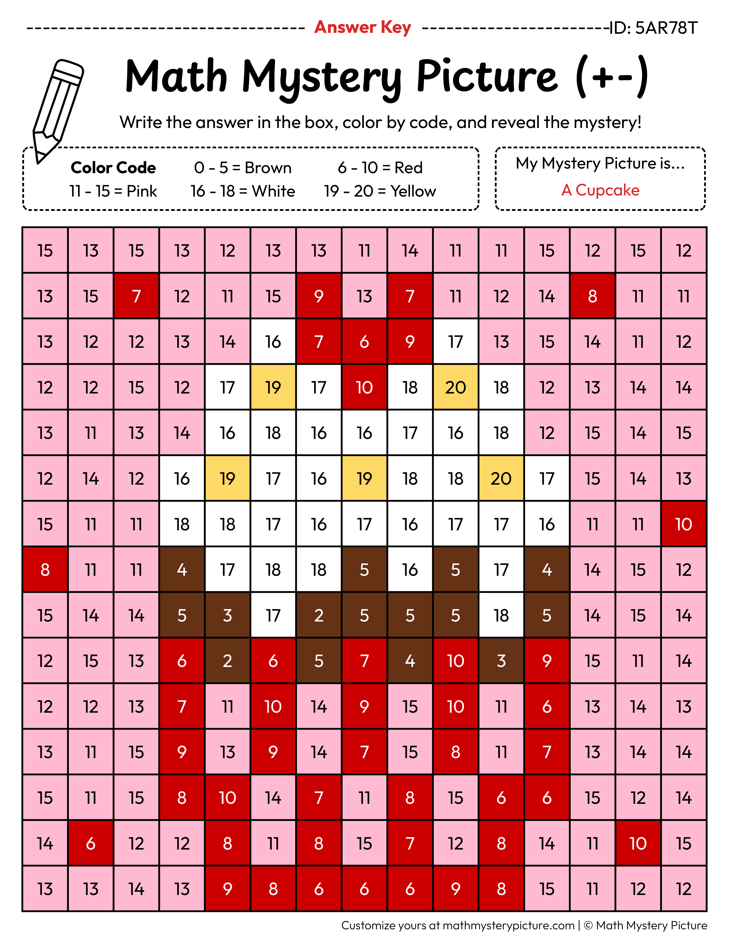 Valentine's Day Cupcake Mixed Addition and Subtraction Within 20 Math Mystery Picture Color by Number Answer Key