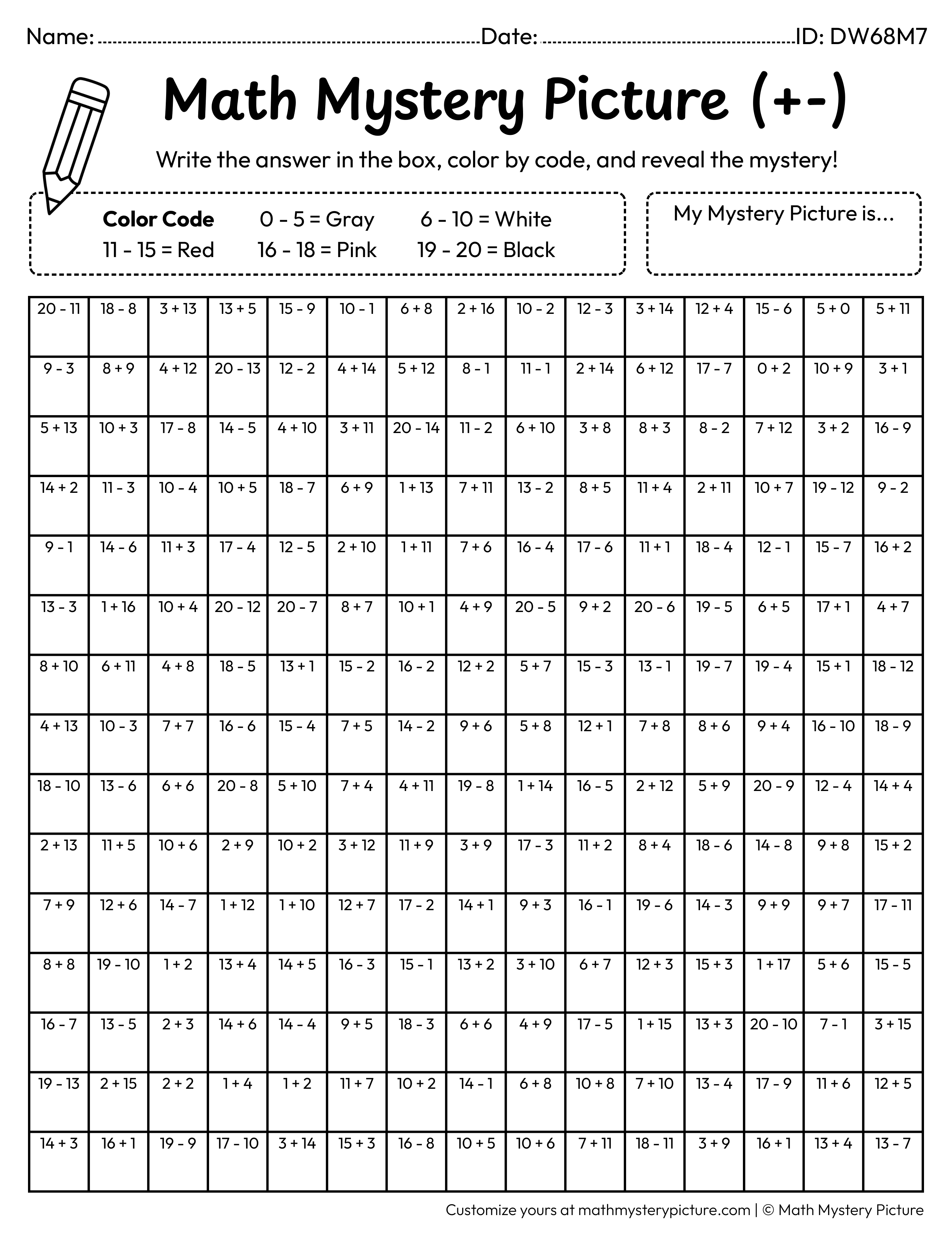 Valentine's Day Heart with an Arrow Mixed Addition and Subtraction Within 20 Math Mystery Picture Coloring Worksheet
