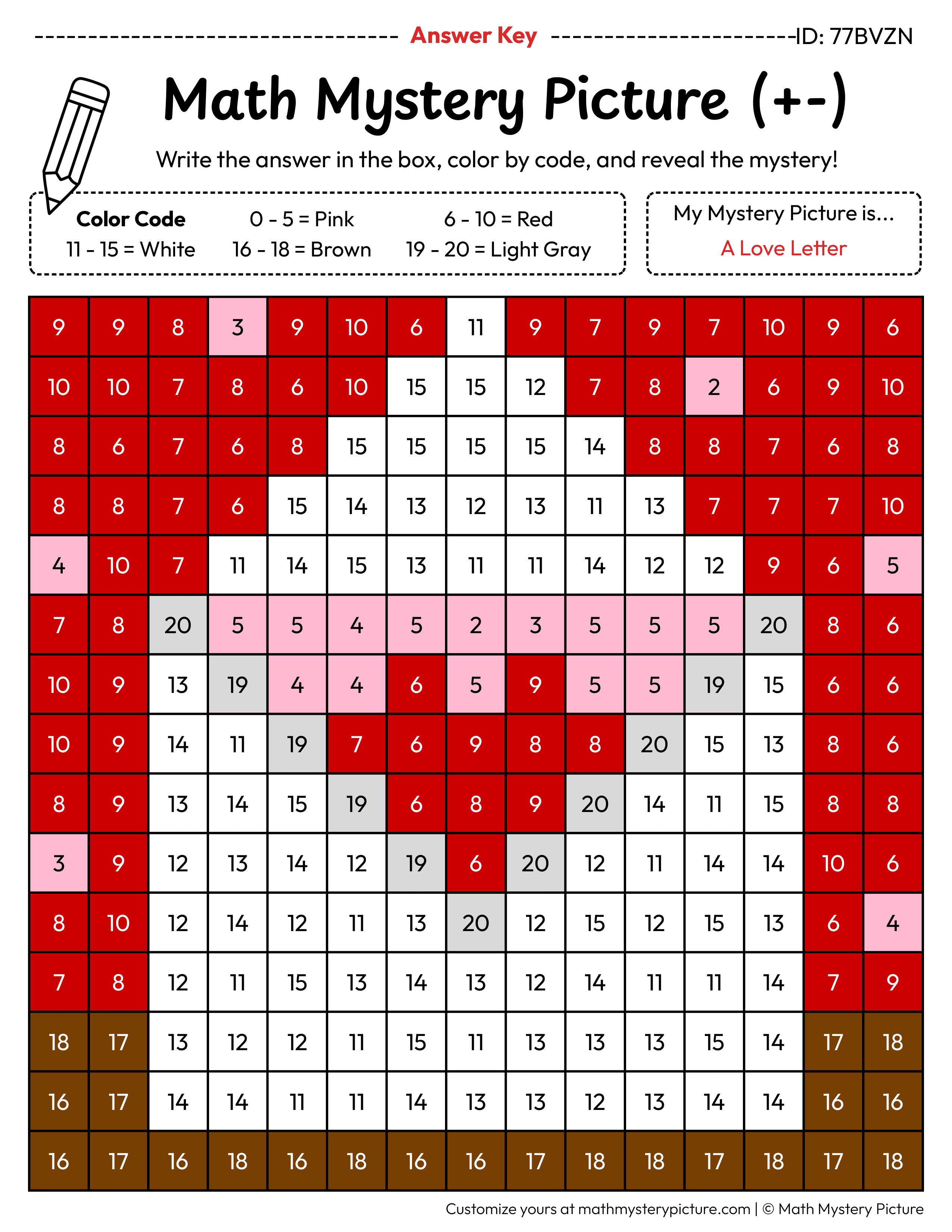 Valentine's Day Love Letter Mixed Addition and Subtraction Within 20 Math Mystery Picture Color by Number Answer Key