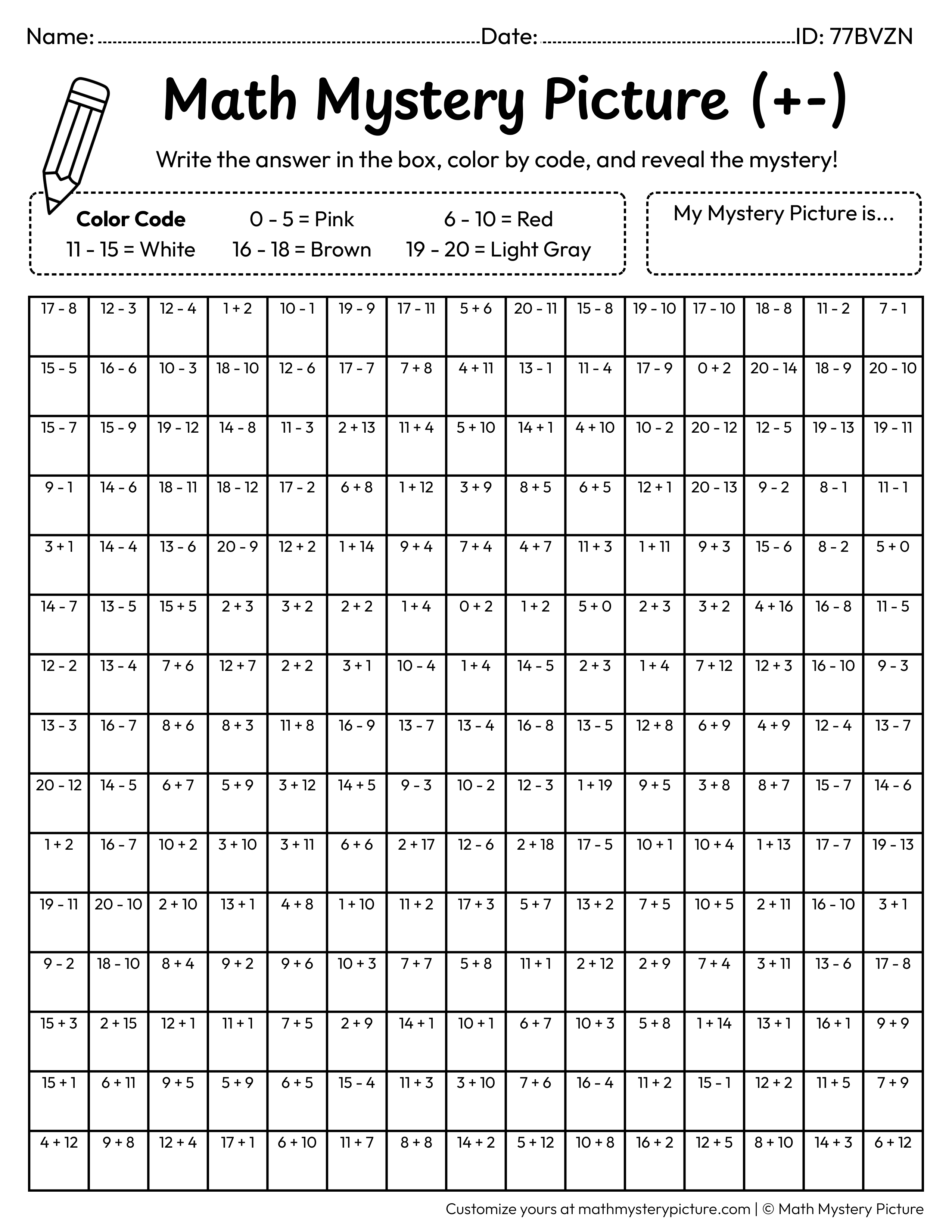 Valentine's Day Love Letter Mixed Addition and Subtraction Within 20 Math Mystery Picture Coloring Worksheet