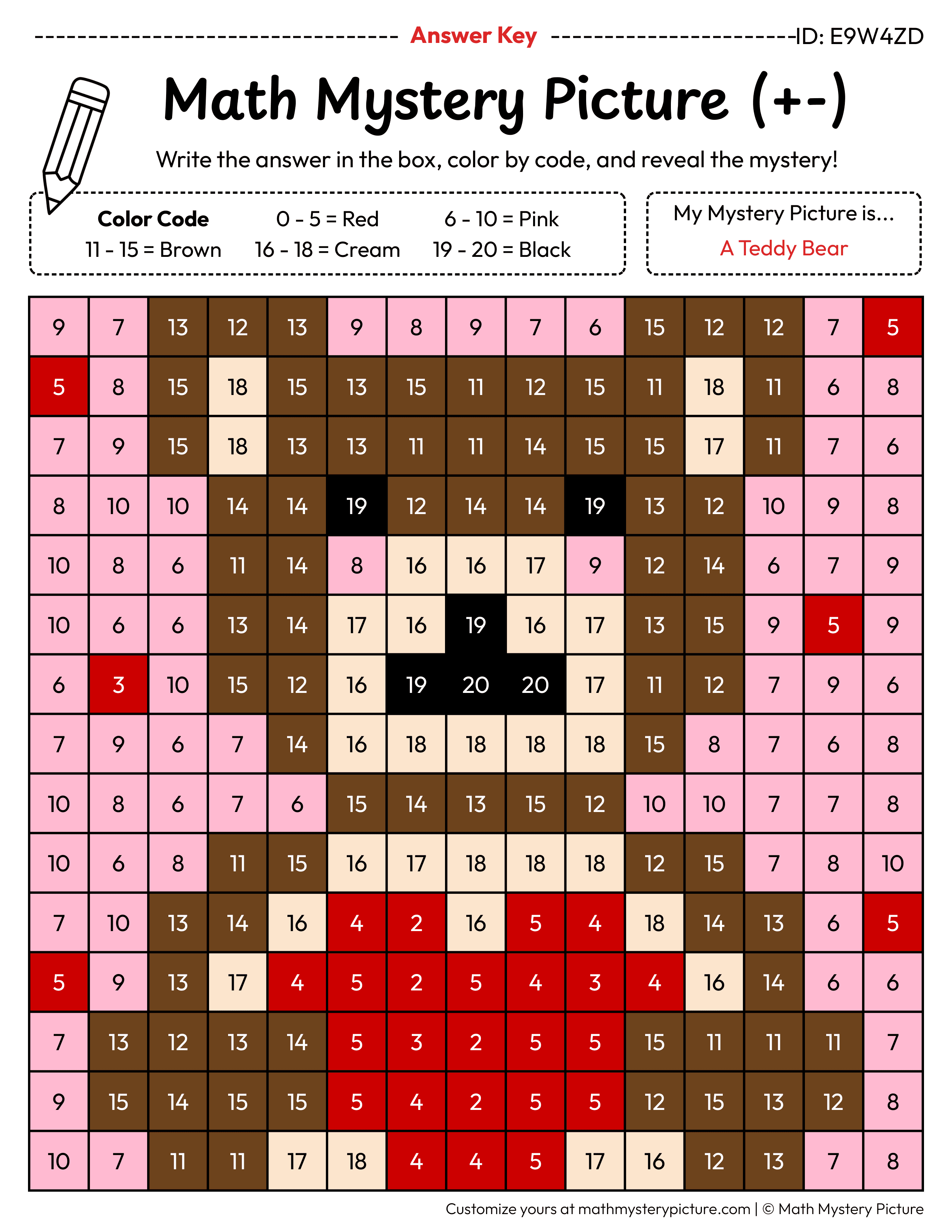 Valentine's Day Teddy Bear Mixed Addition and Subtraction Within 20 Math Mystery Picture Color by Number Answer Key