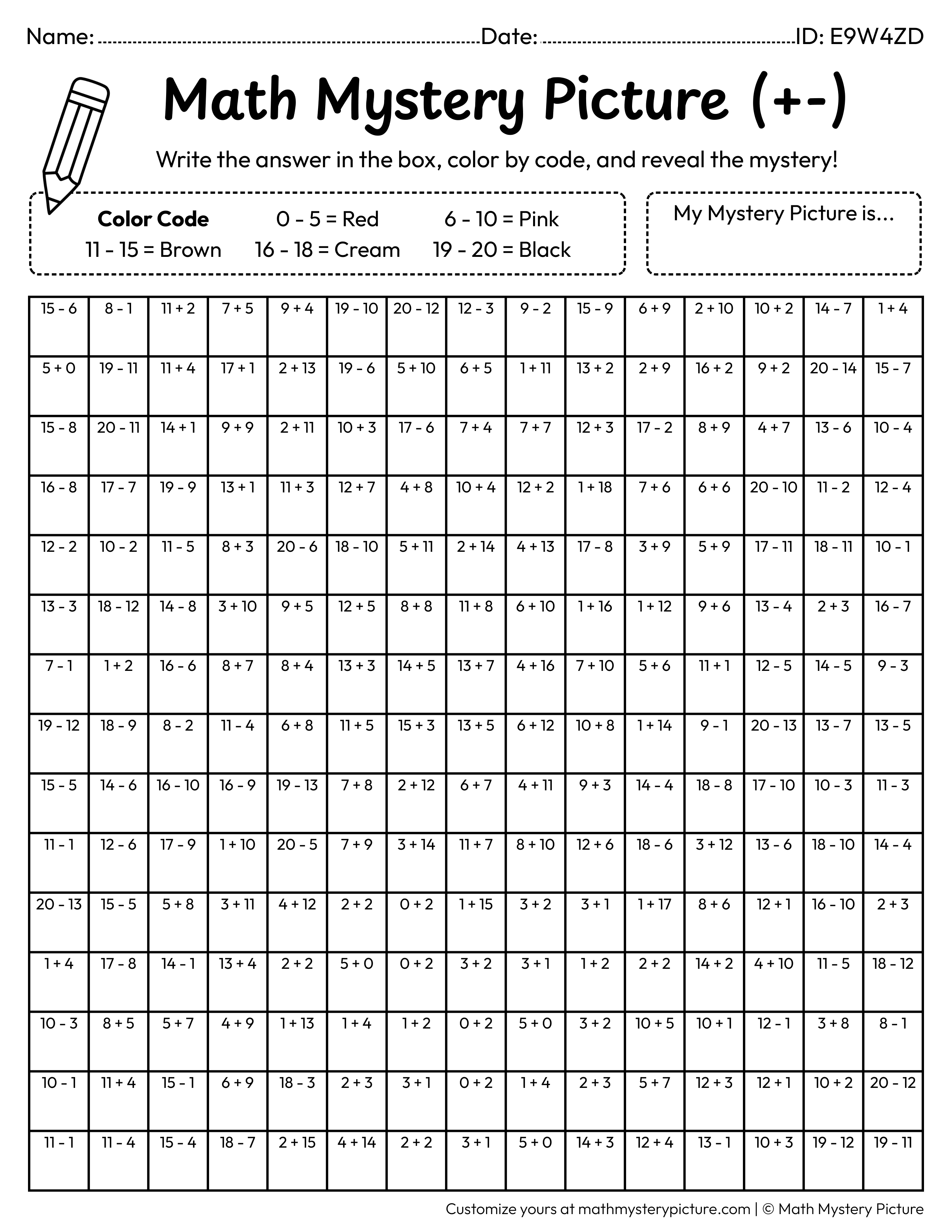 Valentine's Day Teddy Bear Mixed Addition and Subtraction Within 20 Math Mystery Picture Coloring Worksheet