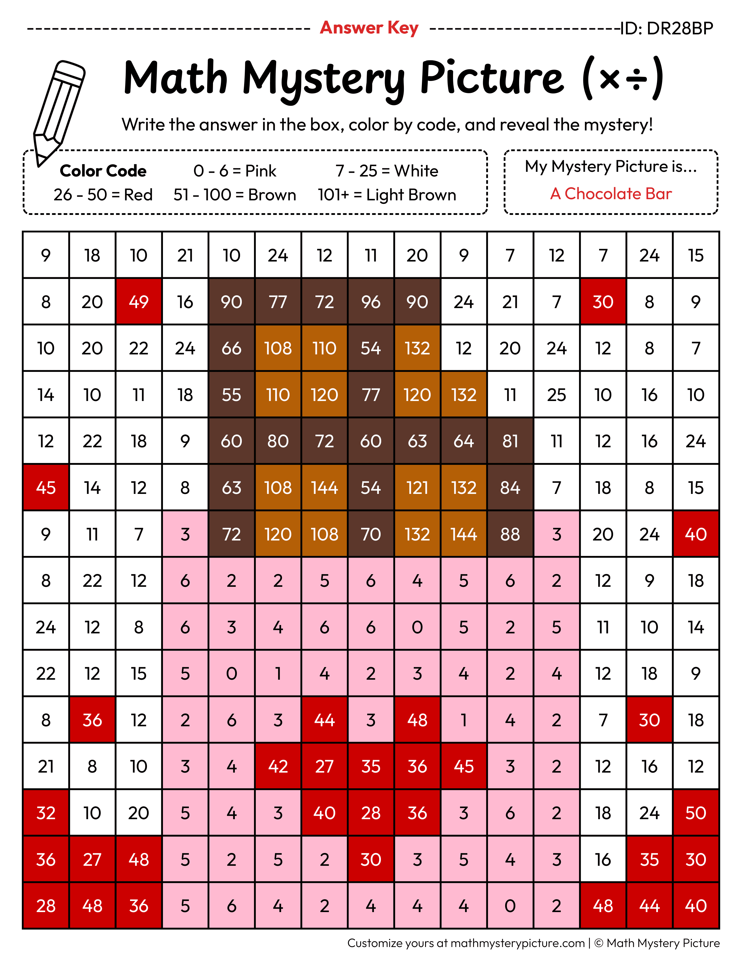 Valentine's Day Chocolate Bar Mixed Multiplication and Division Facts Math Mystery Picture Color by Number Answer Key
