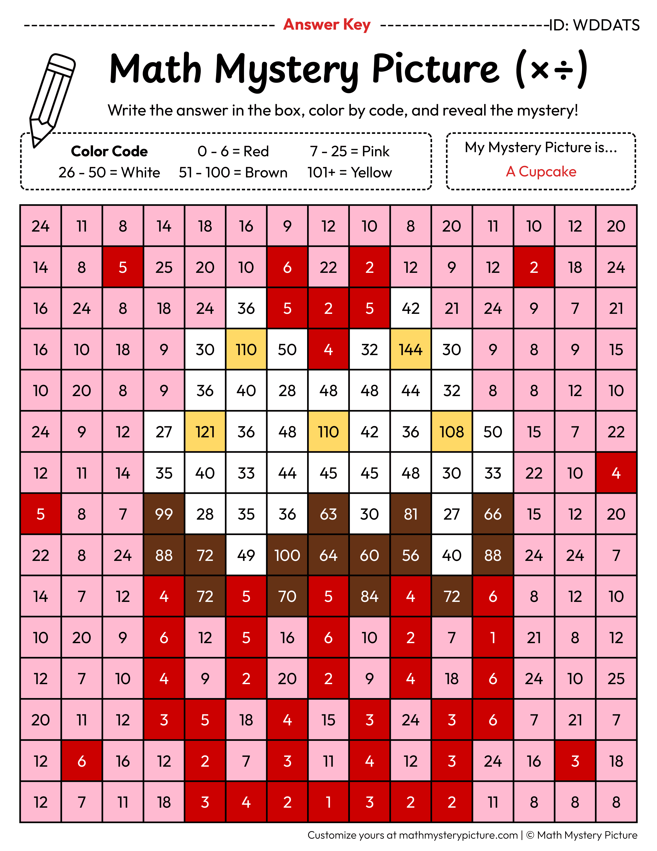 Valentine's Day Cupcake Mixed Multiplication and Division Facts Math Mystery Picture Color by Number Answer Key