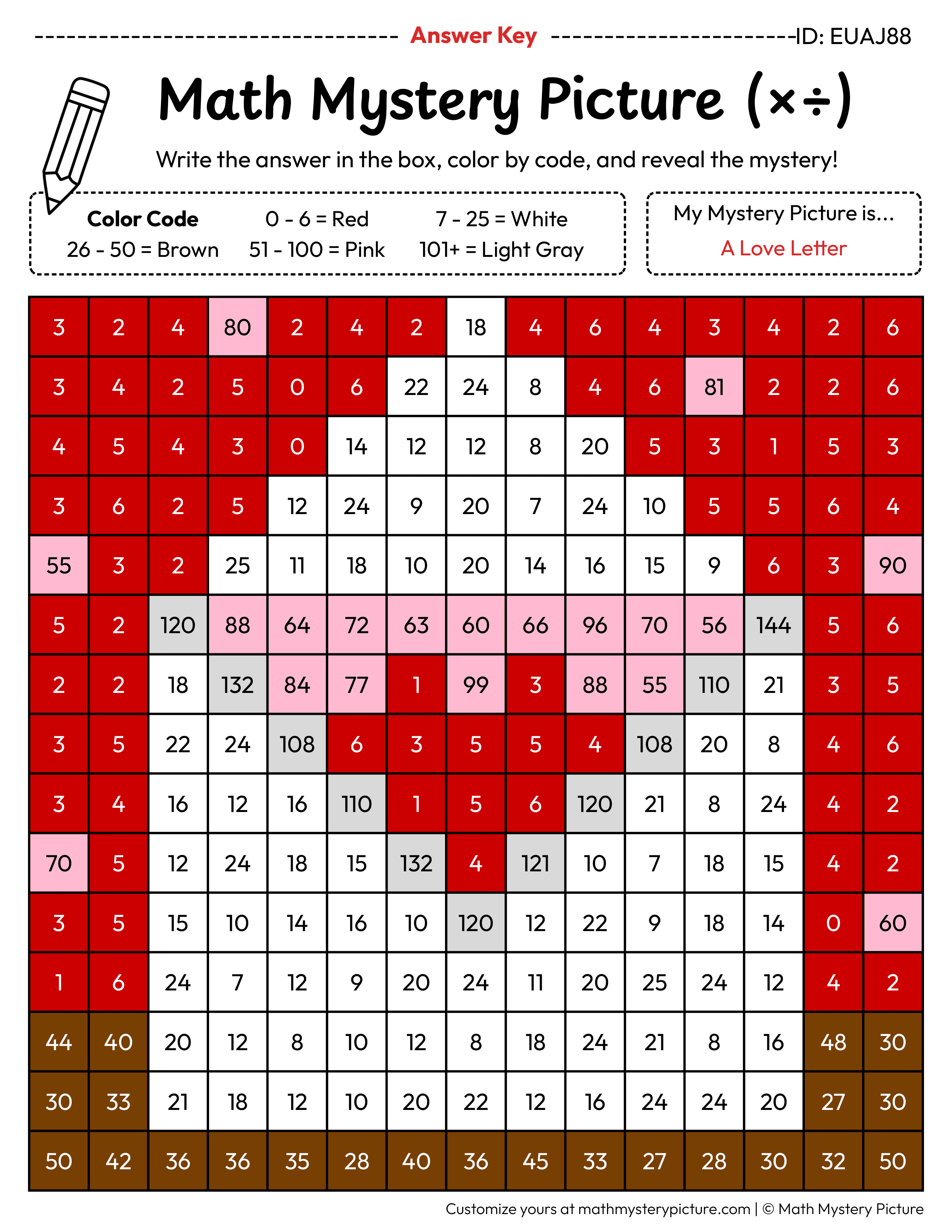 Valentine's Day Love Letter Mixed Multiplication and Division Facts Math Mystery Picture Color by Number Answer Key