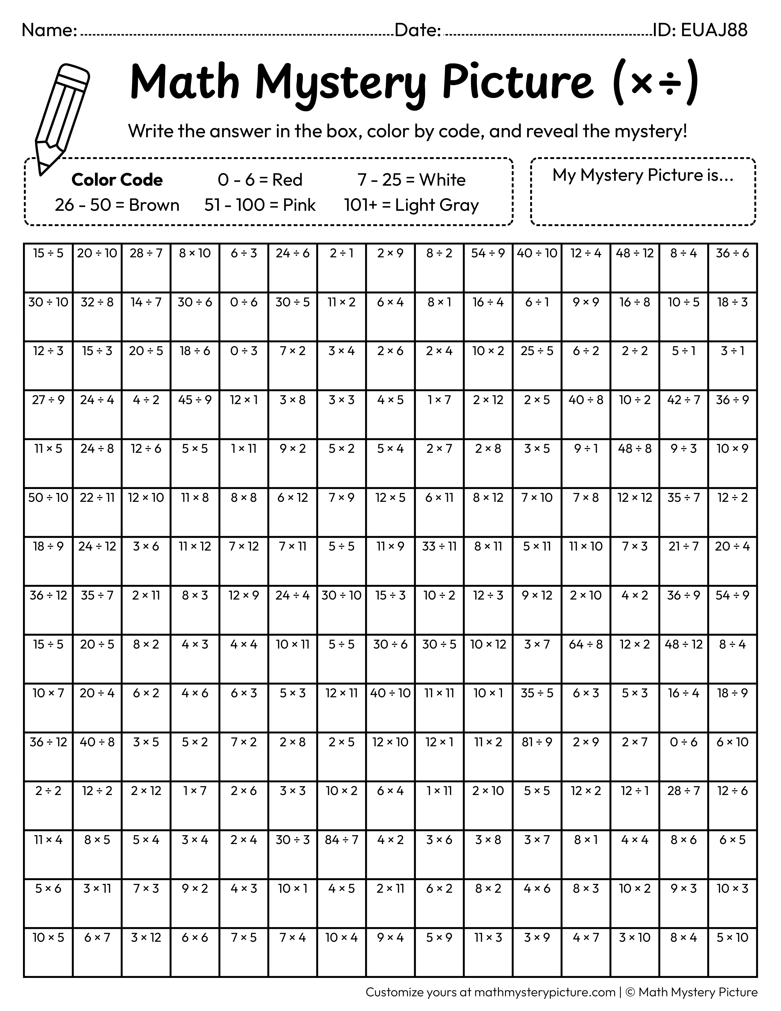 Valentine's Day Love Letter Mixed Multiplication and Division Facts Math Mystery Picture Coloring Worksheet