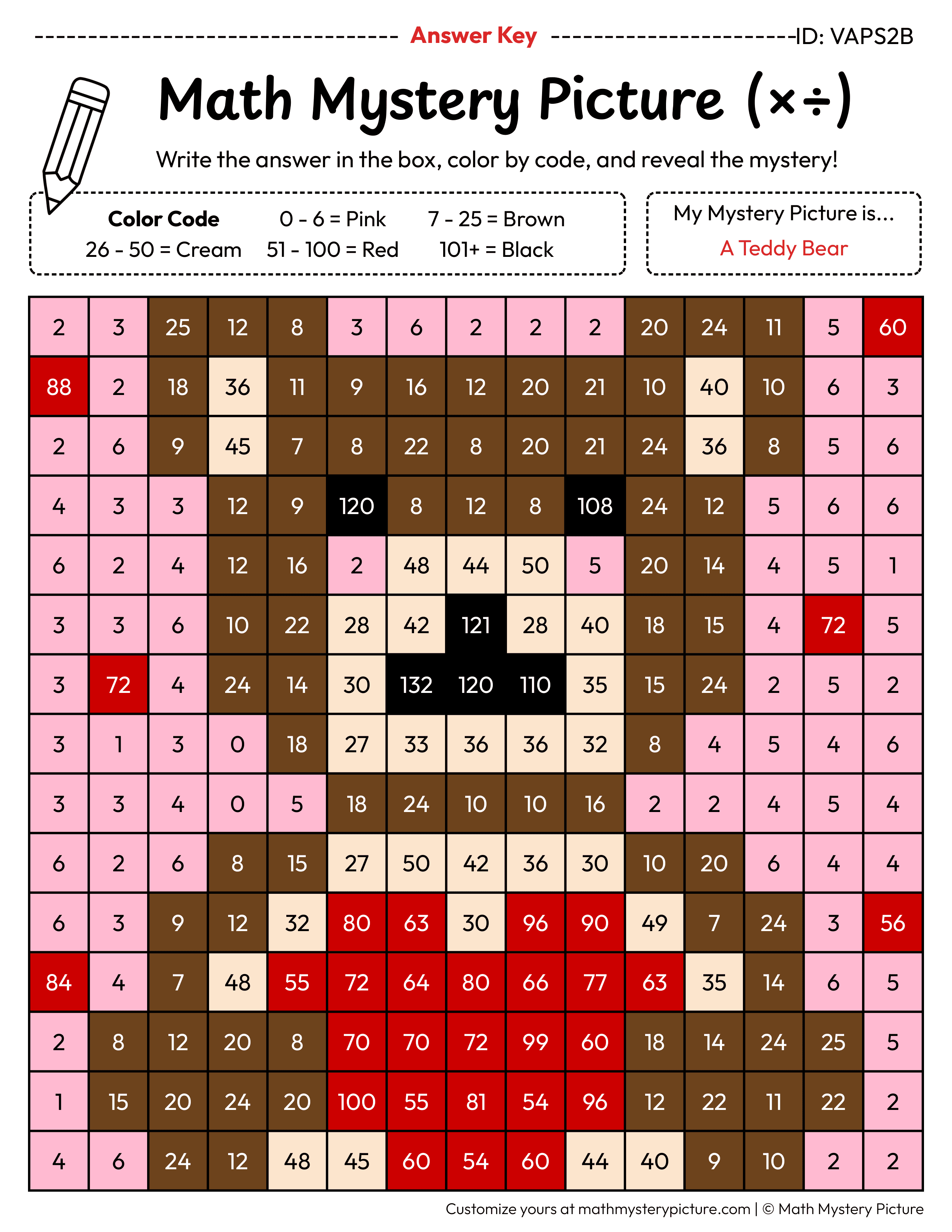 Valentine's Day Teddy Bear Mixed Multiplication and Division Facts Math Mystery Picture Color by Number Answer Key