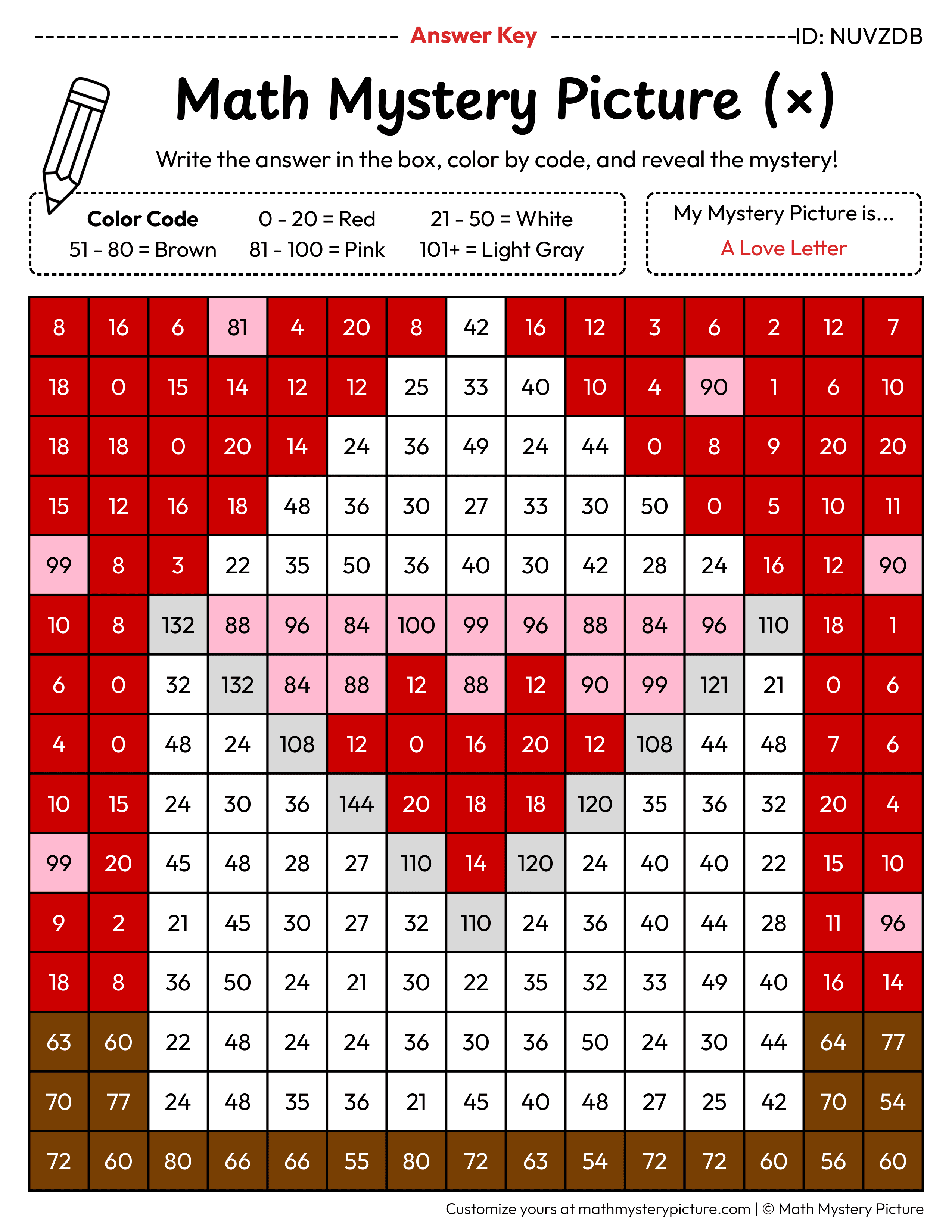 Valentine's Day Love Letter Multiplication Facts Math Mystery Picture Color by Number Answer Key