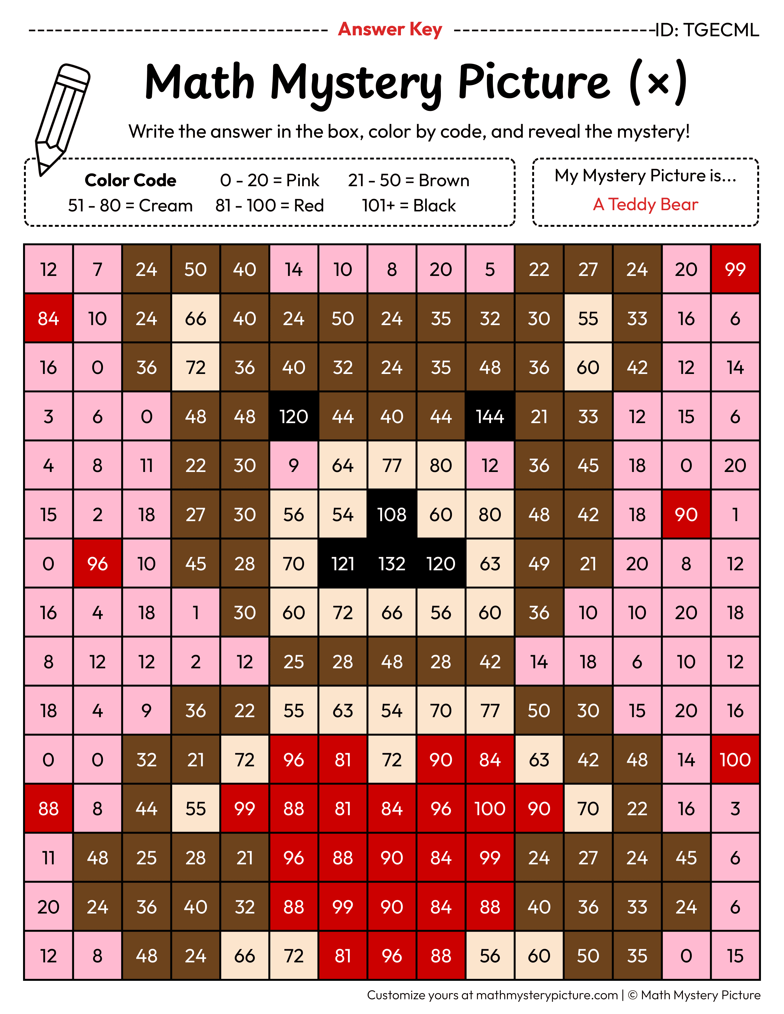 Valentine's Day Teddy Bear Multiplication Facts Math Mystery Picture Color by Number Answer Key