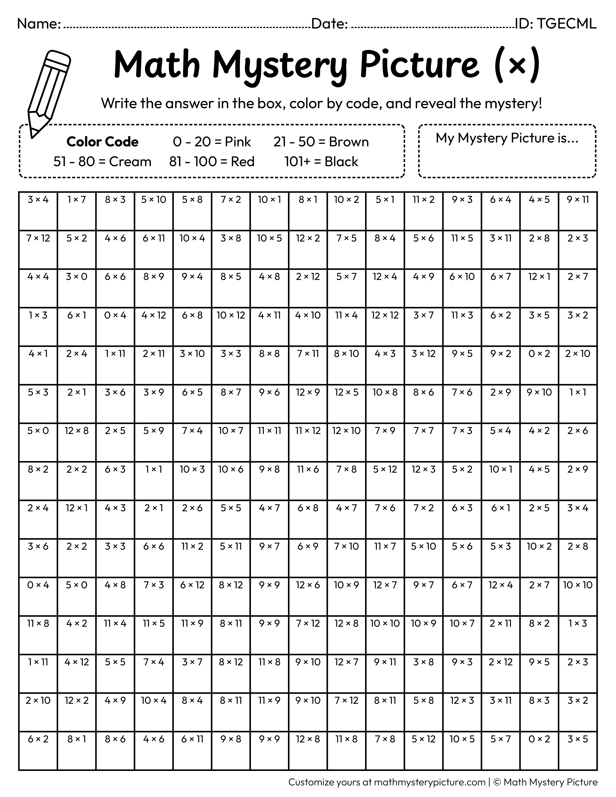 Valentine's Day Teddy Bear Multiplication Facts Math Mystery Picture Coloring Worksheet