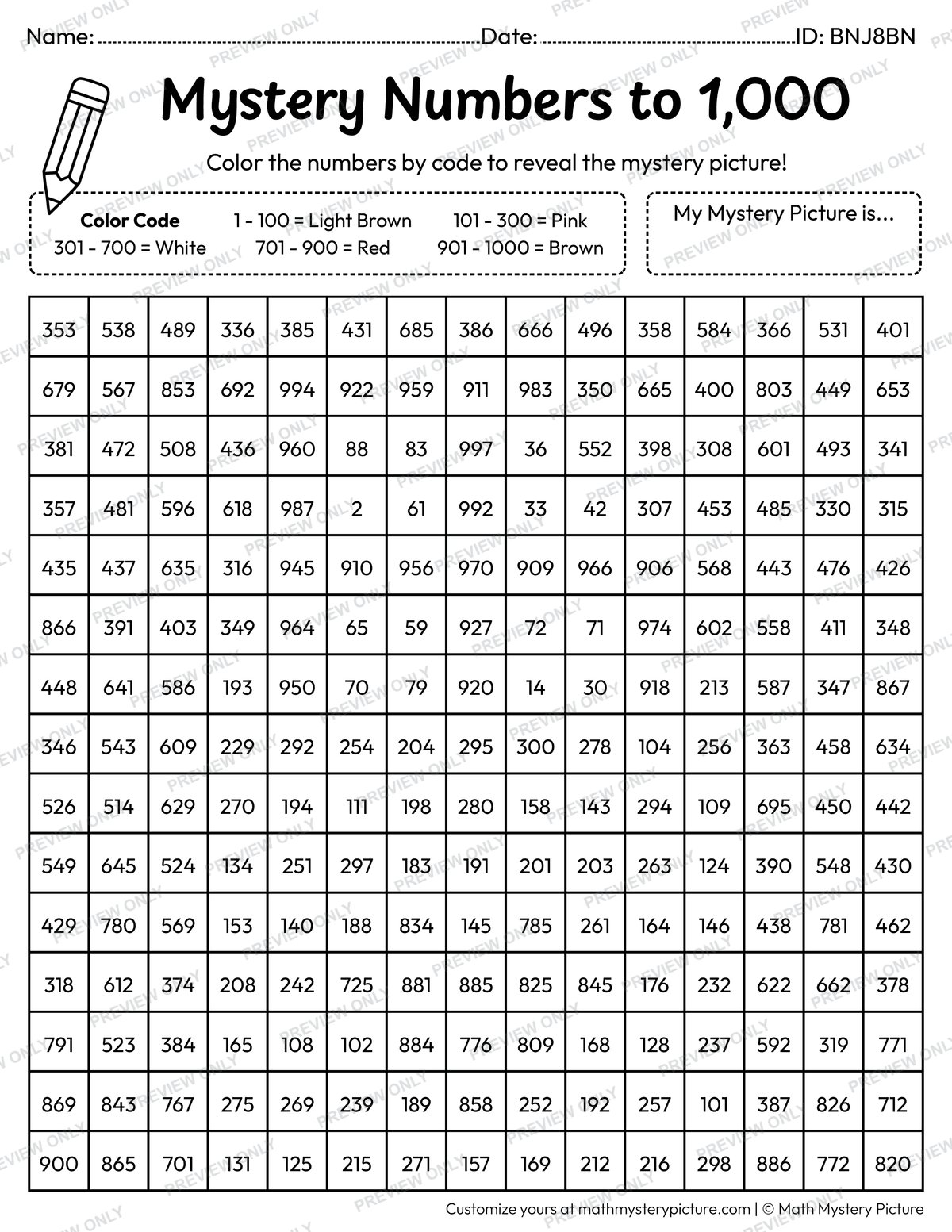 Valentine's Day Chocolate Bar Numbers to 1,000 Math Mystery Picture Coloring Worksheet