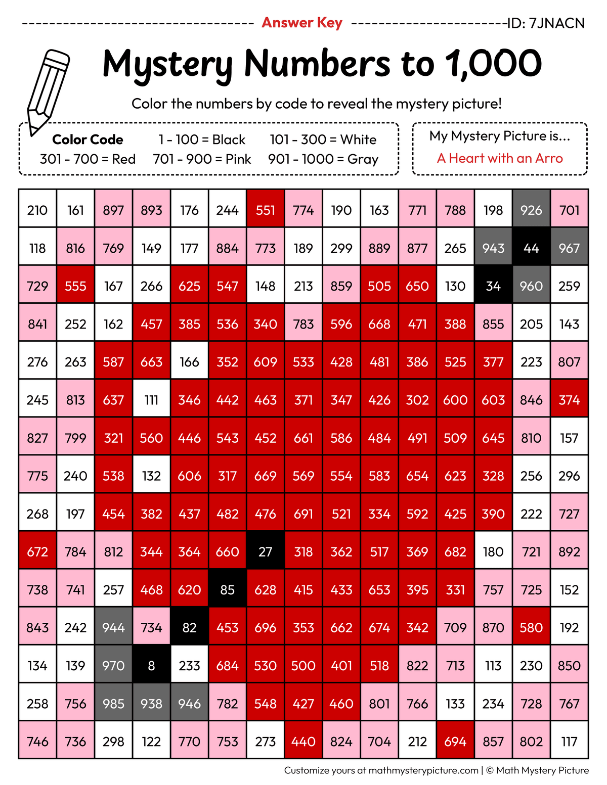 Valentine's Day Heart with an Arrow Numbers to 1,000 Math Mystery Picture Color by Number Answer Key