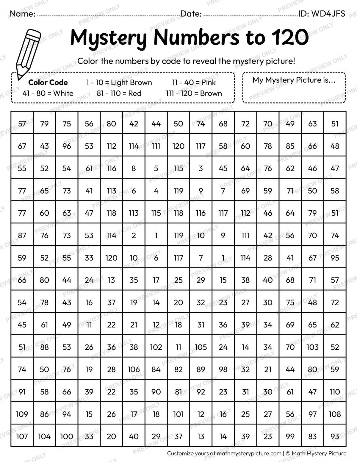 Valentine's Day Chocolate Bar Numbers to 120 Math Mystery Picture Coloring Worksheet