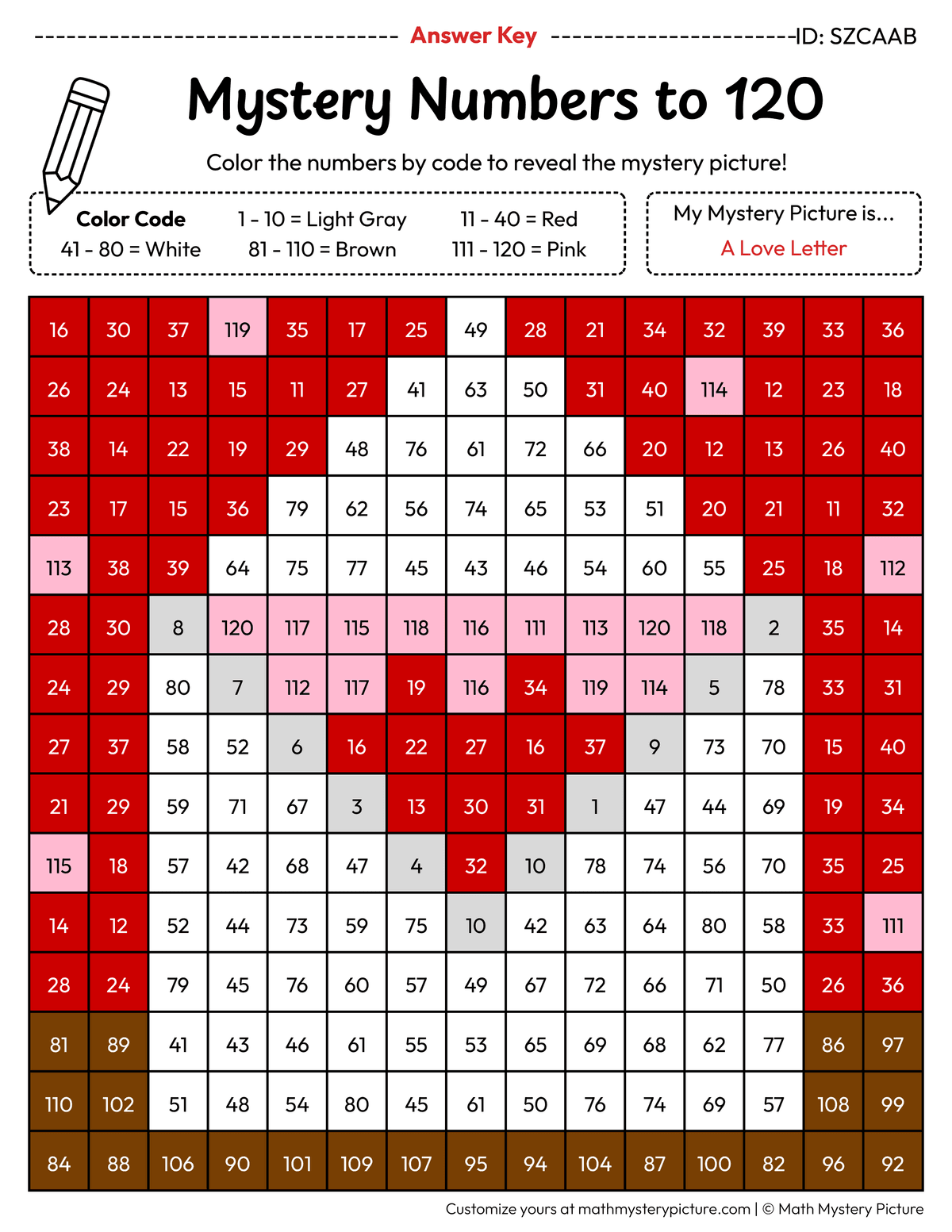 Valentine's Day Love Letter Numbers to 120 Math Mystery Picture Color by Number Answer Key
