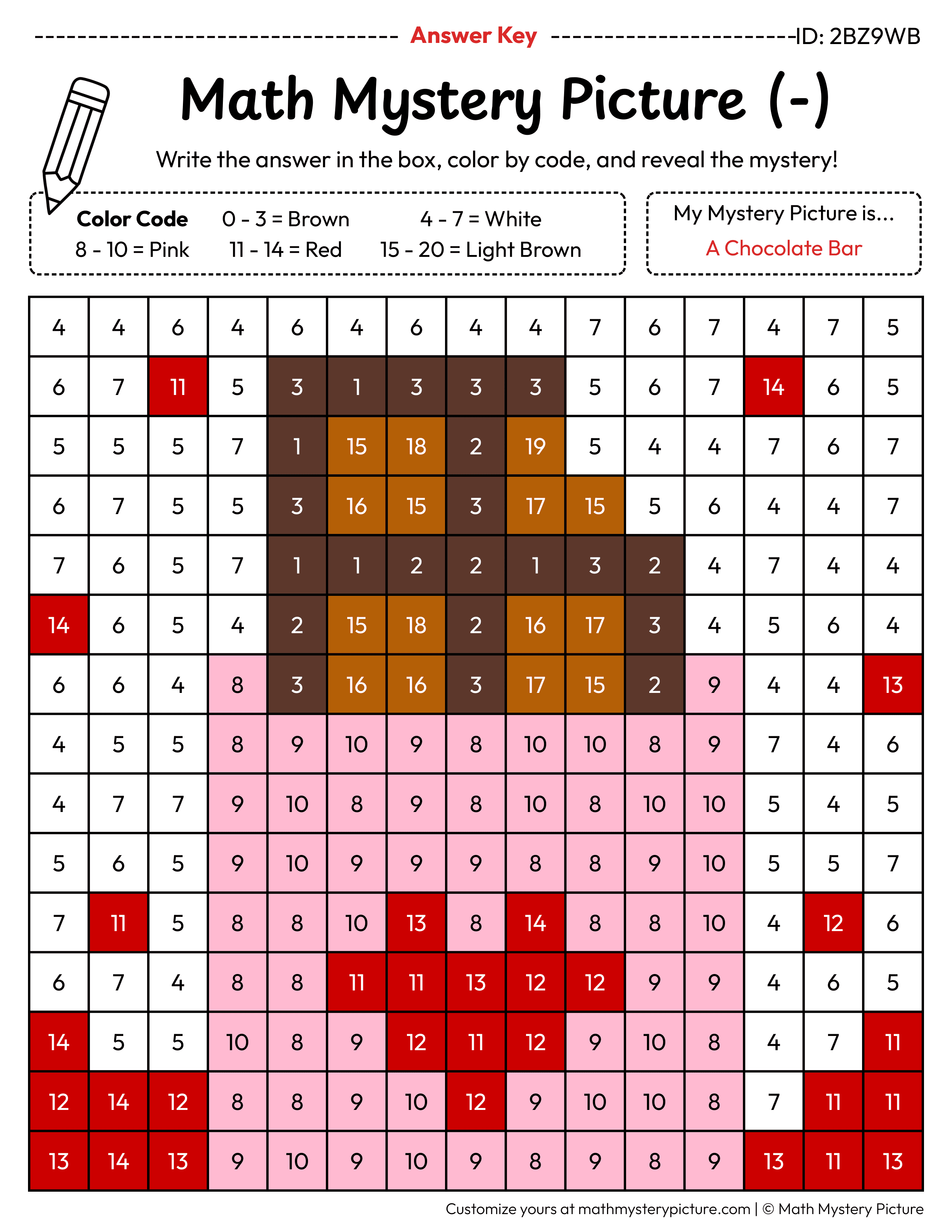 Valentine's Day Chocolate Bar Subtraction Within 20 Math Mystery Picture Color by Number Answer Key