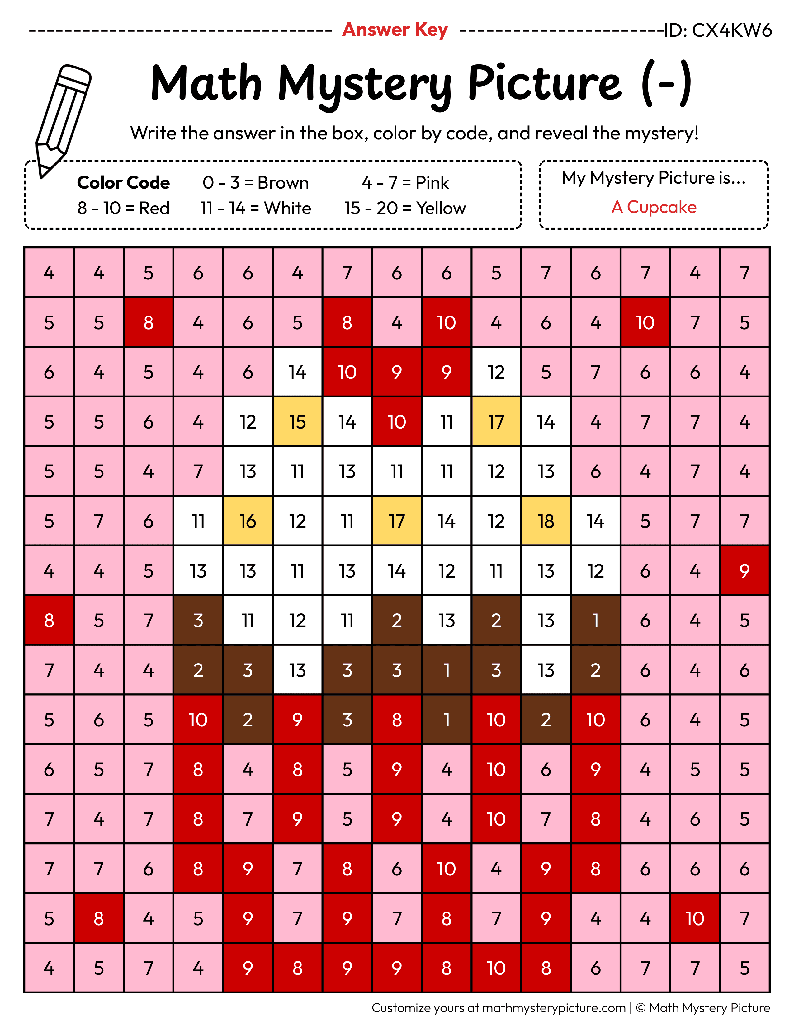 Valentine's Day Cupcake Subtraction Within 20 Math Mystery Picture Color by Number Answer Key